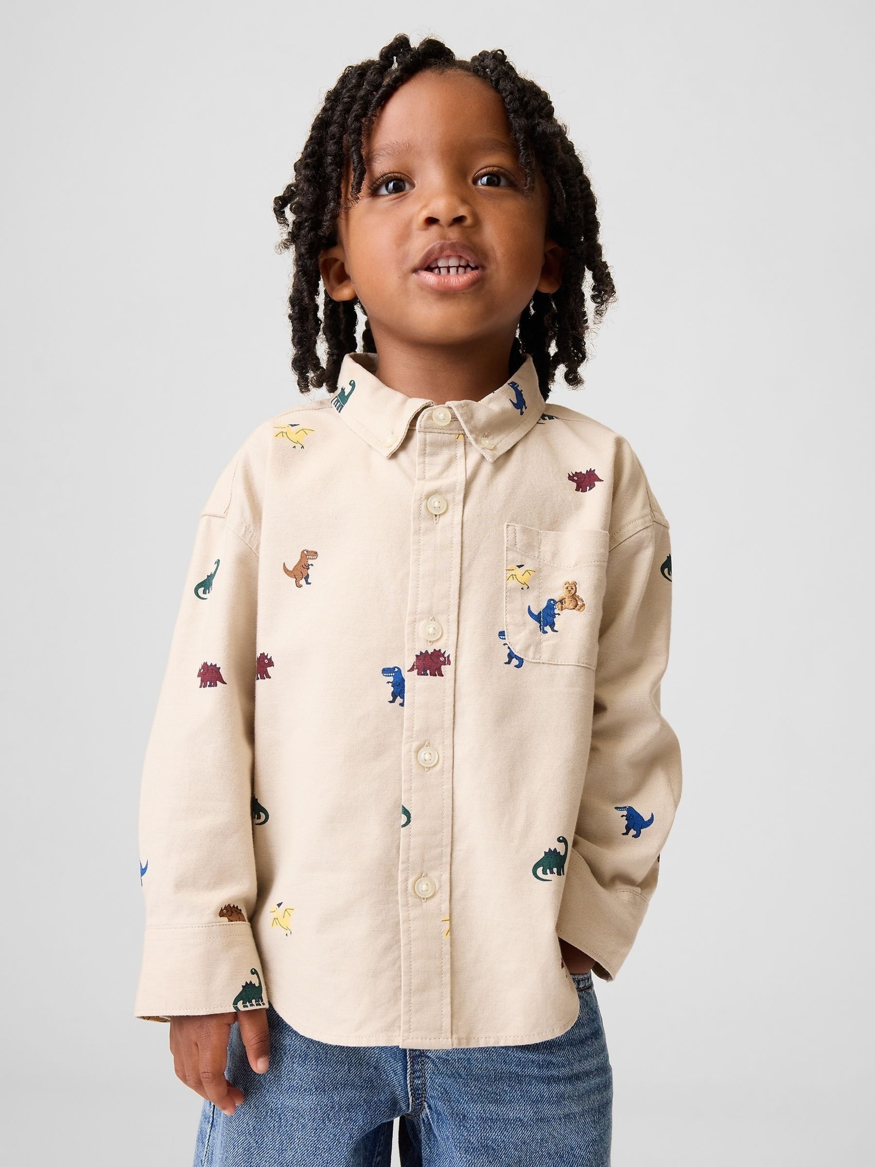 Cream Dinosaur - Baby And Toddler Print Oxford Big Shirt