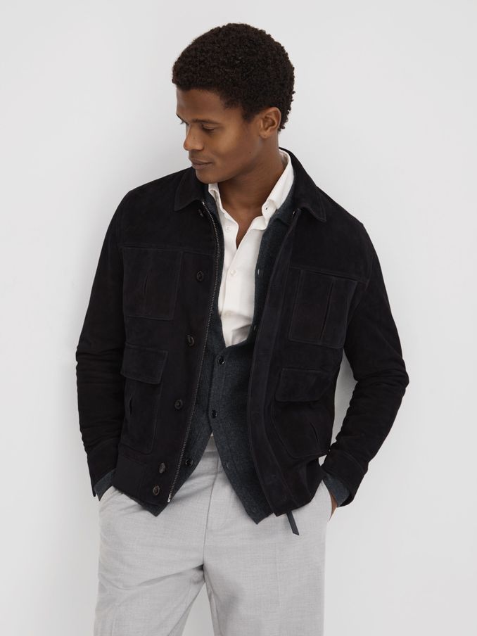 Suede Chest Pocket Jacket in Navy (150719) | £148