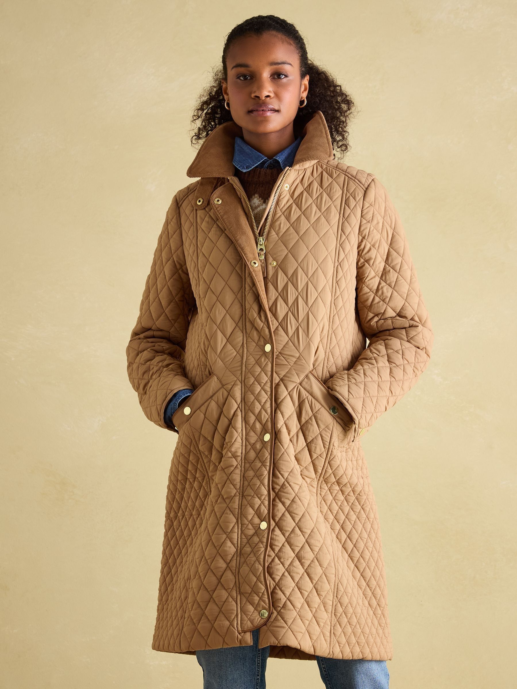 Rosewell Tan Brown Showerproof Longline Diamond Quilted Coat (152765) | £97