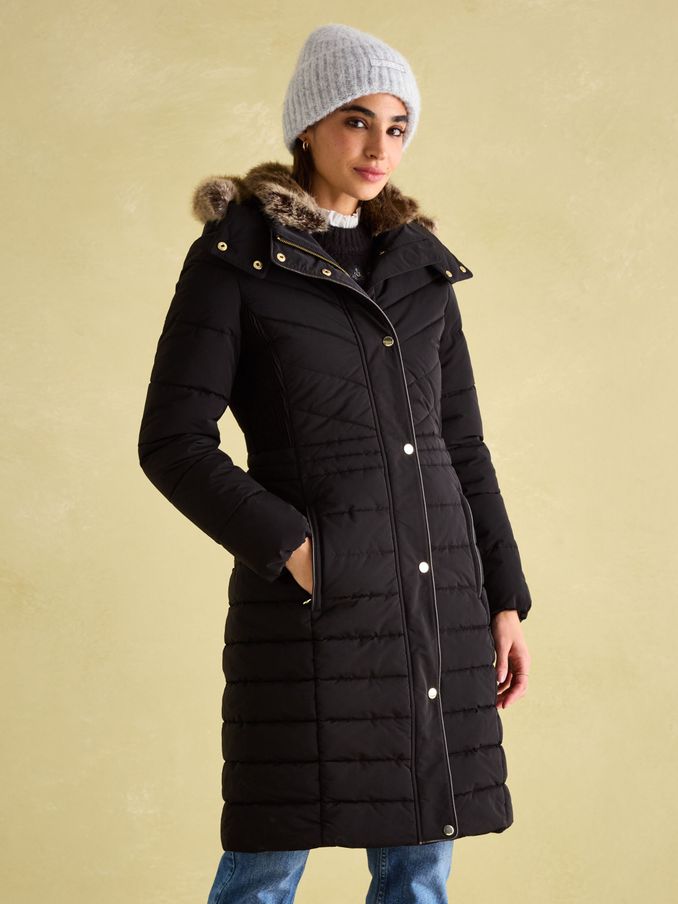 Cherington Black Showerproof Longline Padded Coat with Faux Fur Hood (152916) | £199
