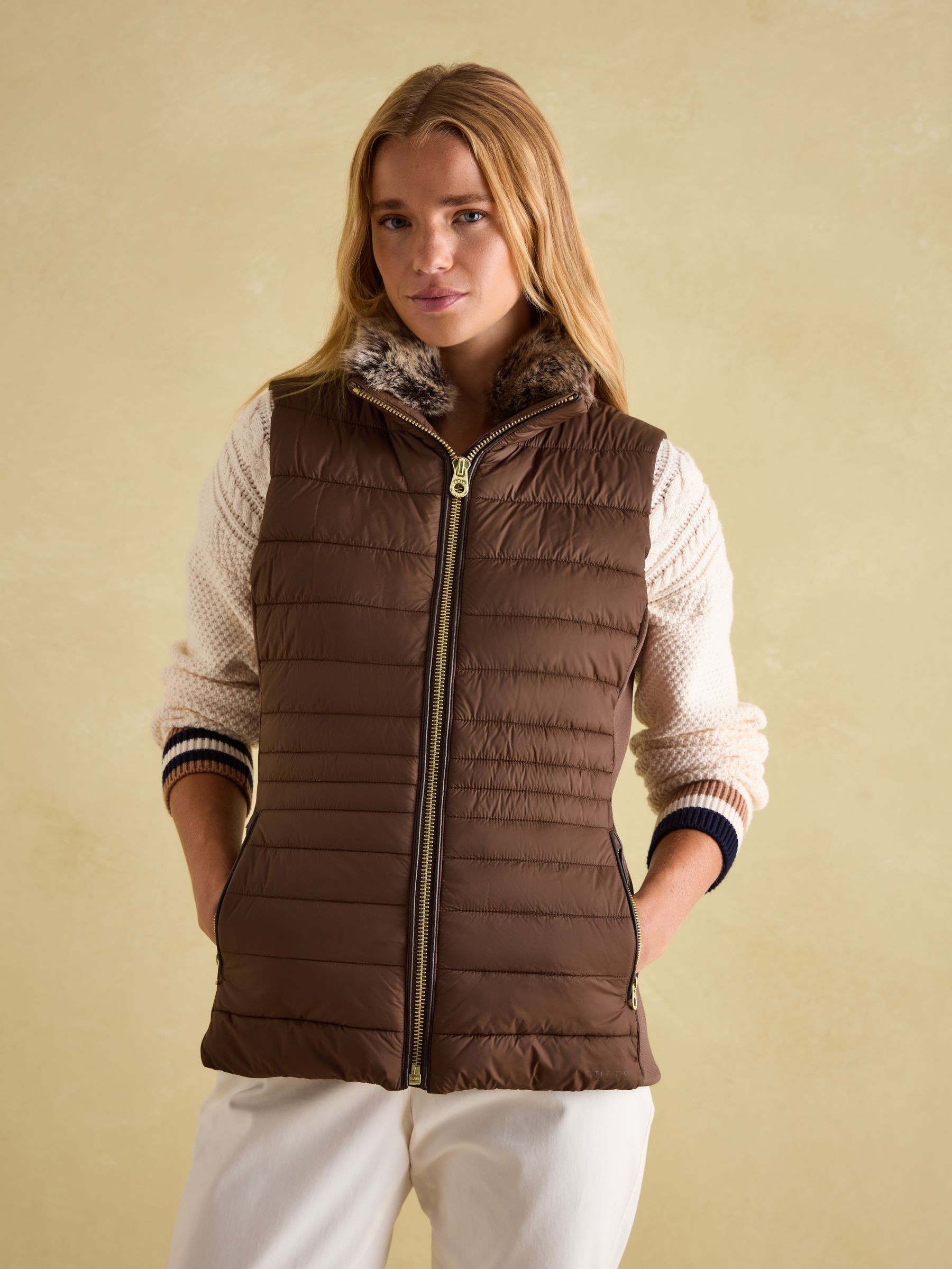 Beckley Brown Padded Showerproof Gilet With Detachable Faux Fur Collar (153485) | £129