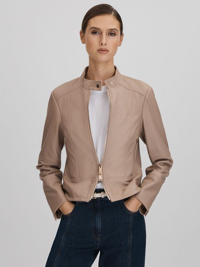 Leather Zip-Front Jacket in Neutral (158626) | £228