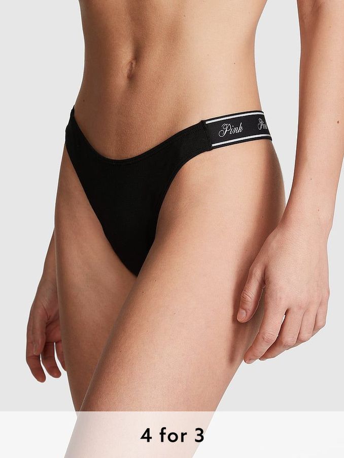Pure Black Thong Cotton Logo Knickers (162057) | £9