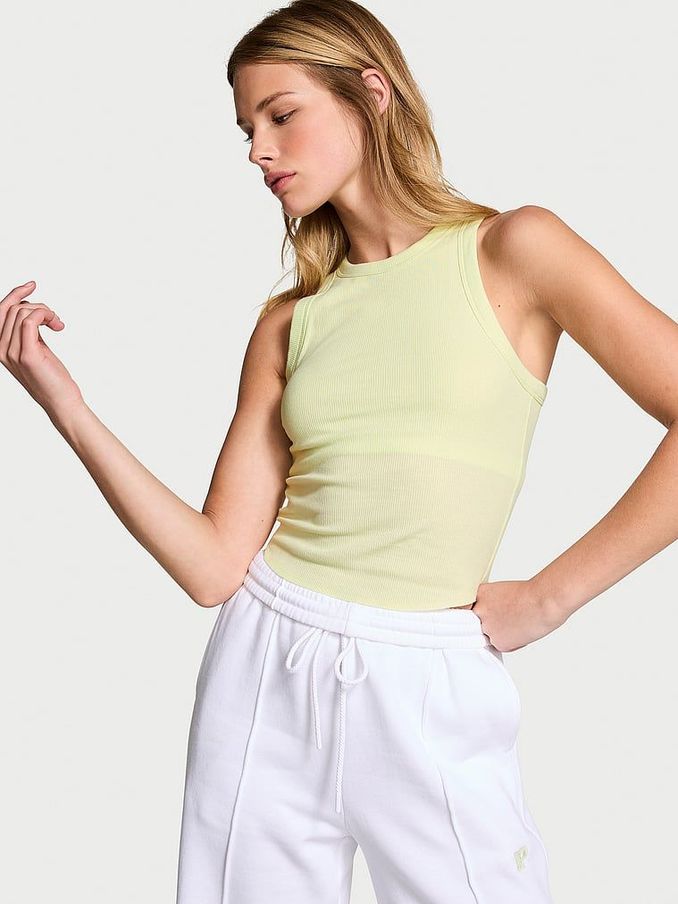 Lime Cream Green High Neck Shrunken Rib Tank Top (162235) | £9