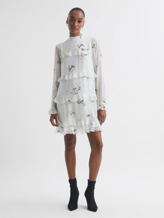 Florere Floral Tiered Mini Dress in Ivory (164134) | £59