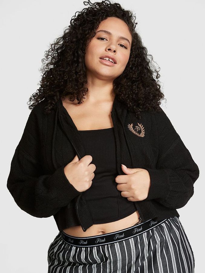 Pure Black Full Zip Cable Knit Hoodie (166333) | £50