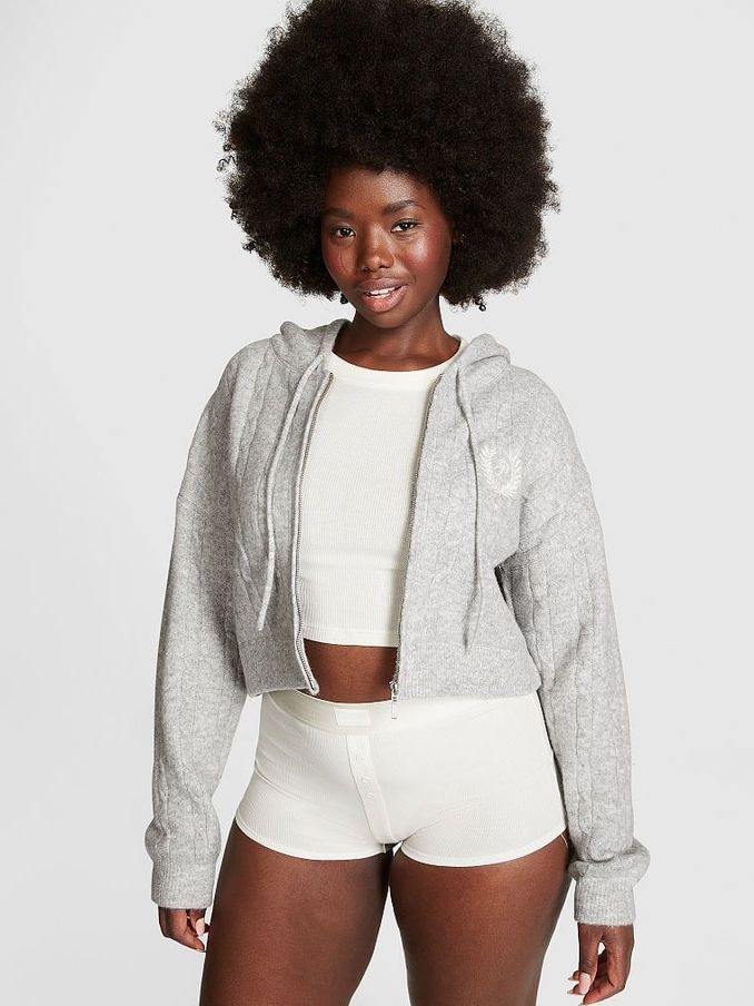 Heather Grey Full Zip Cable Knit Hoodie (166428) | £50