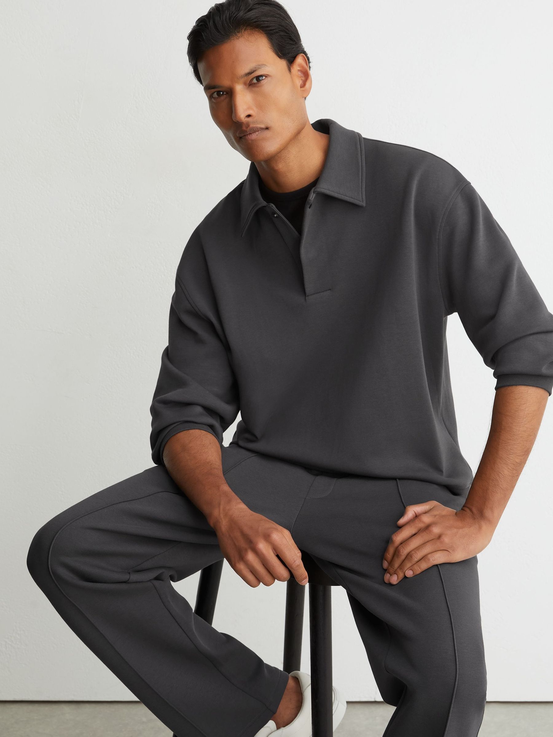 Charcoal Grey - Regular Sueded Interlock Jersey Relaxed Polo Sweatshirt