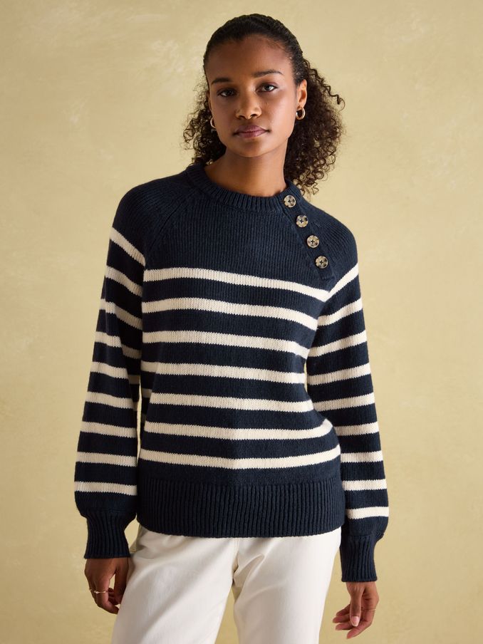 Agnes Navy Striped Button Neck Jumper (184924) | £69.95