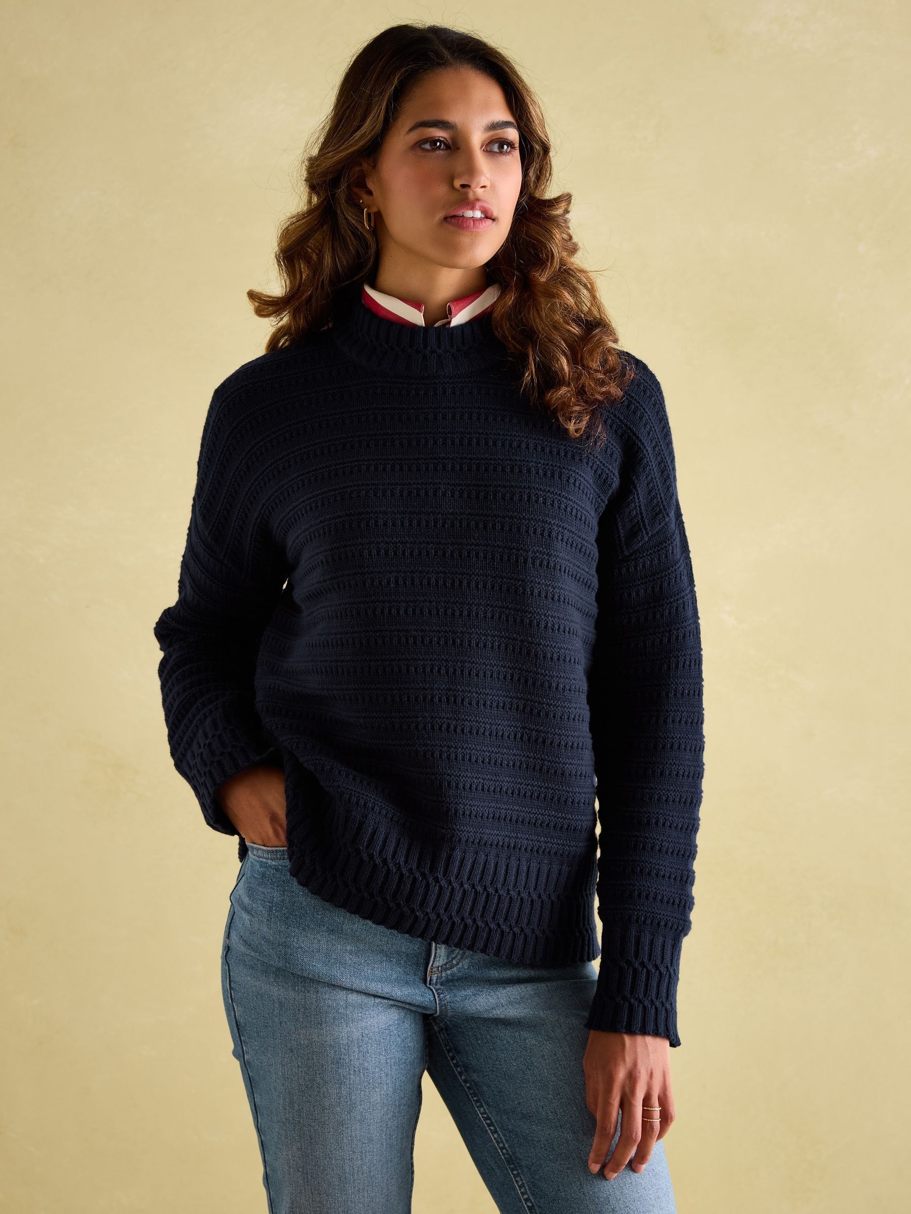 Bernie Navy Blue Crew Neck Textured Jumper Contains Merino Wool (184981) | £44