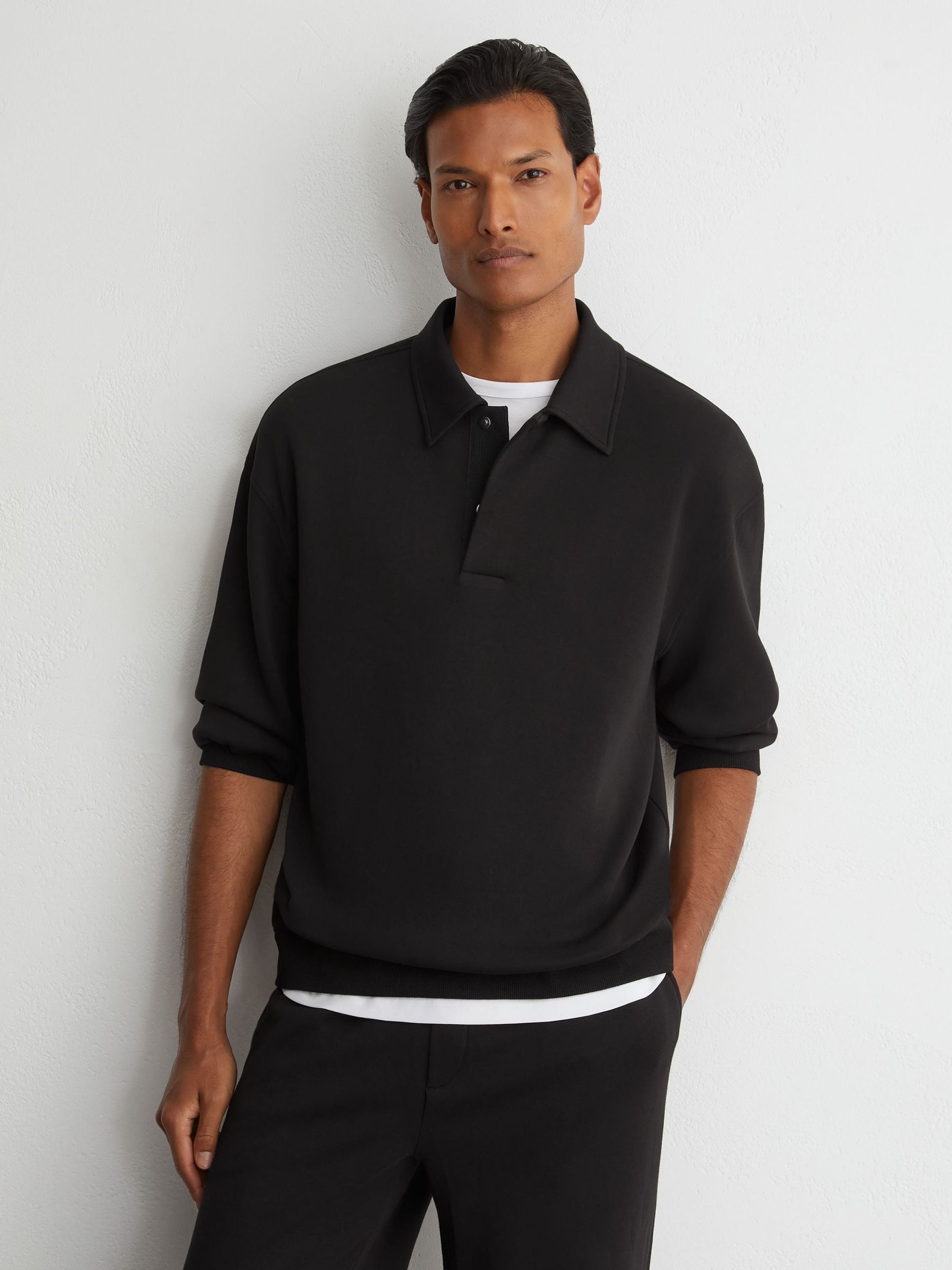 Black - Regular Sueded Interlock Jersey Relaxed Polo Sweatshirt
