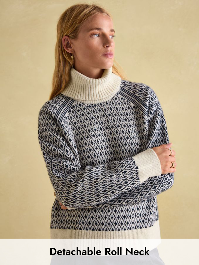 Ingrid Cream/Navy Patterned Jumper with Detachable Roll Neck (209218) | £29