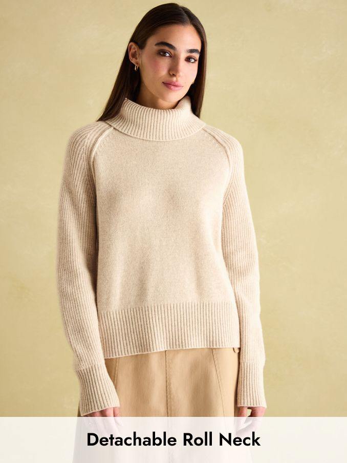 May Oatmeal Merino Wool Jumper with Detachable Roll Neck (209382) | £45
