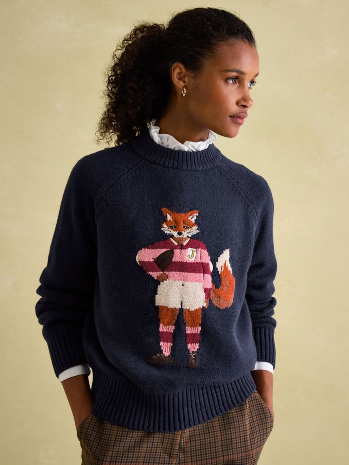 Jonty Navy Blue Intarsia Fox Knit Jumper (210301) | £48