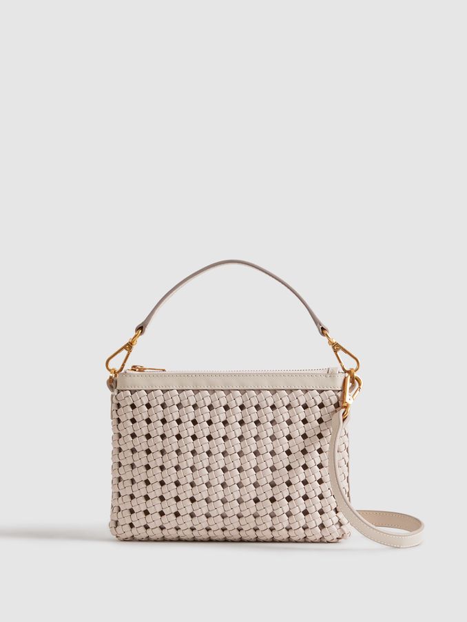 Leather Raffia Pouch Bag in Off White (215730) | £108