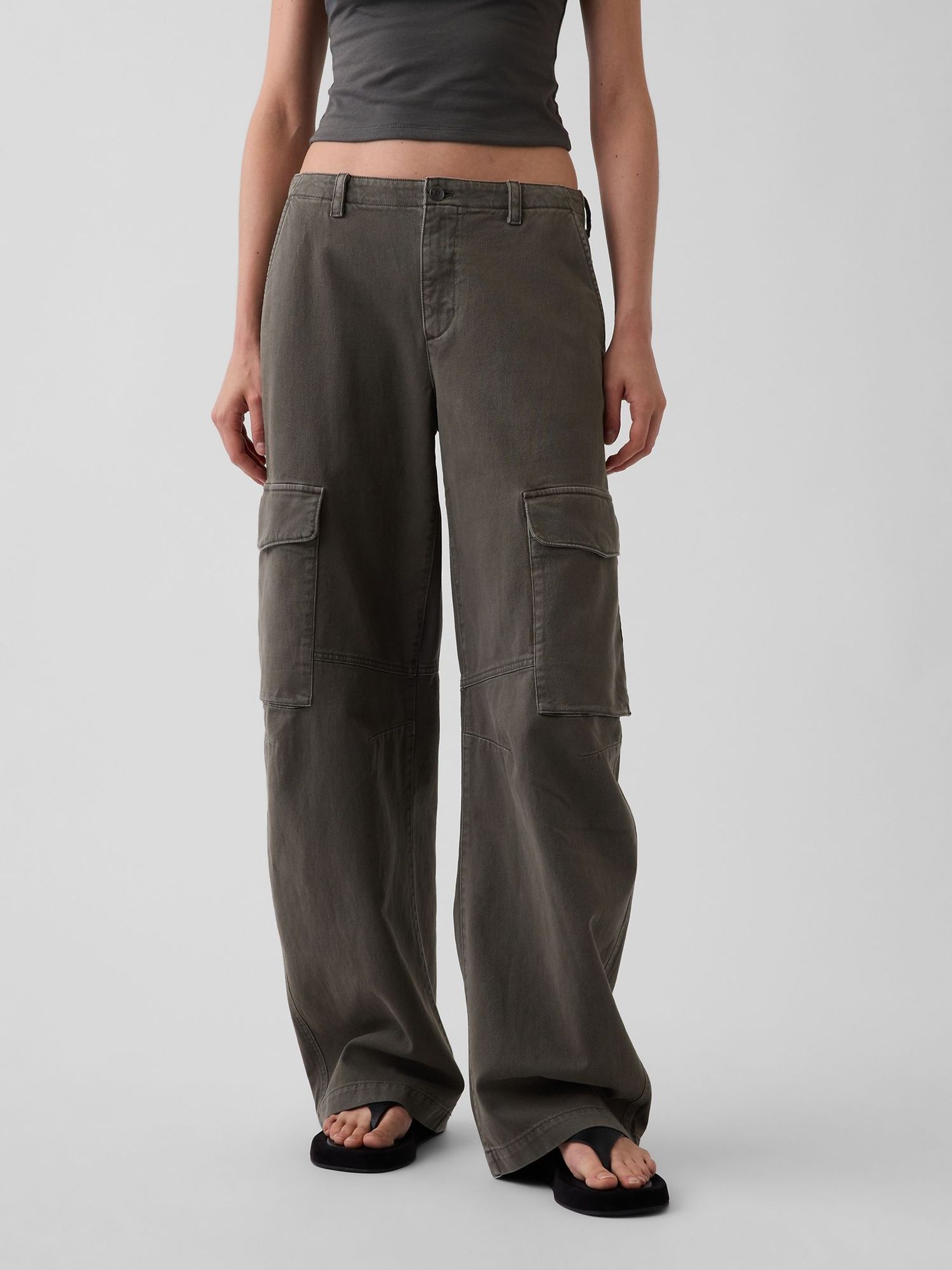 Green - Low Rise Twill Baggy Barrel Cargo Trousers