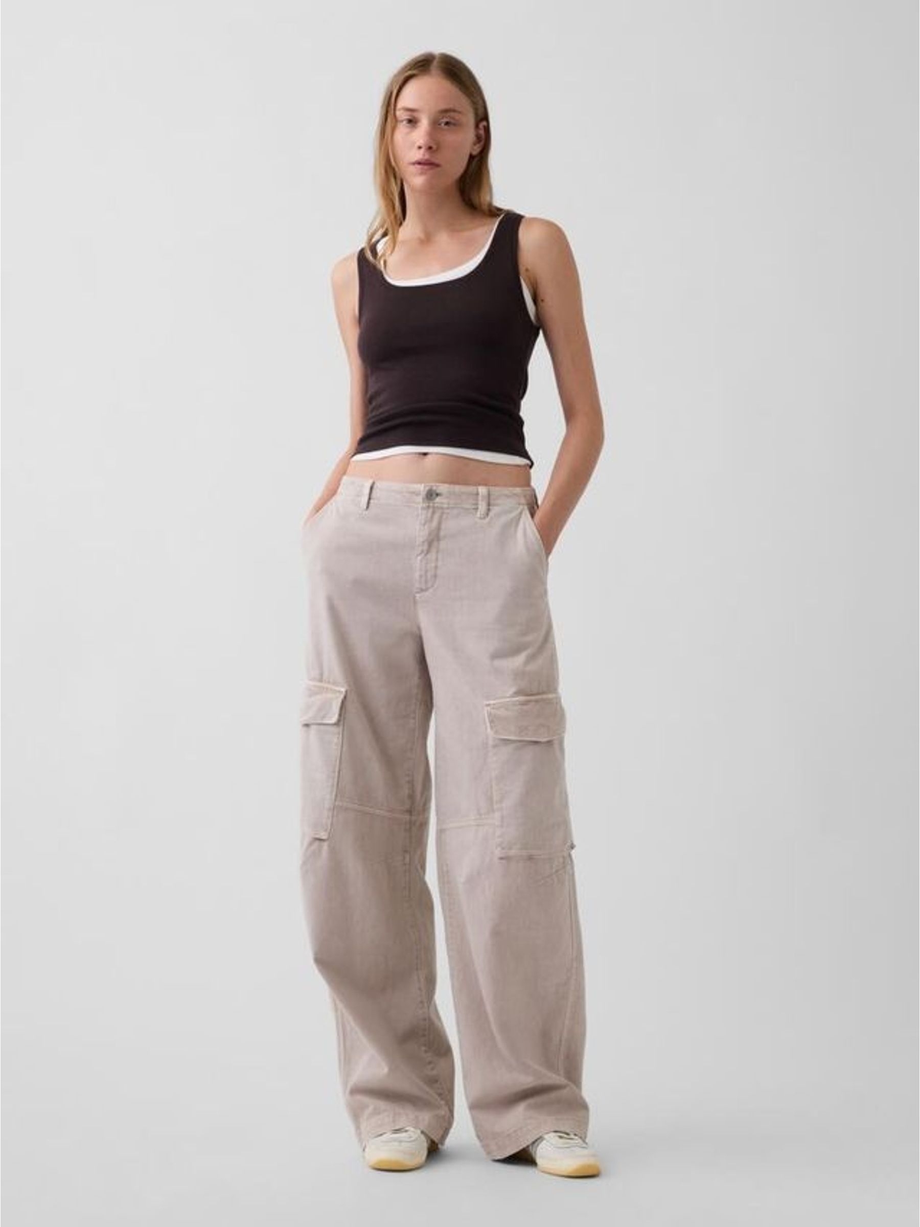 Beige - Low Rise Twill Baggy Barrel Cargo Trousers