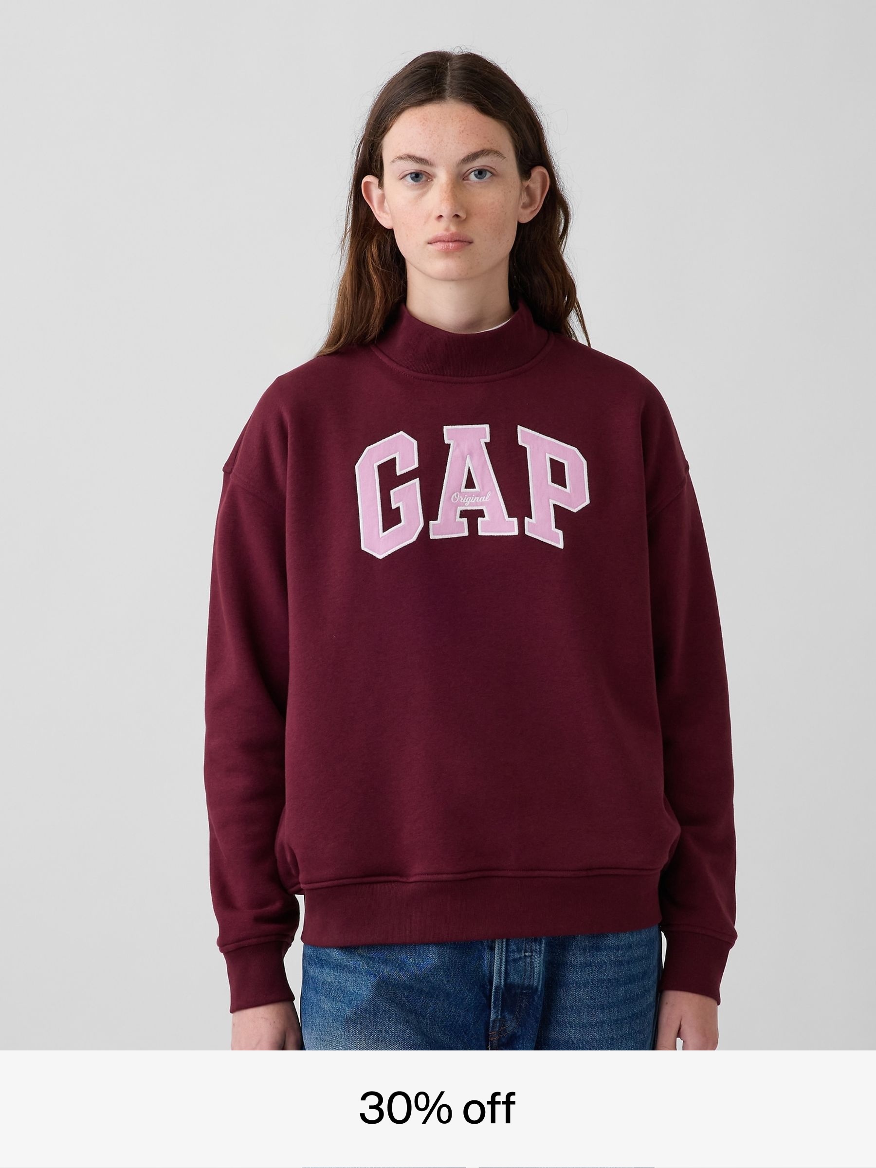 Burgundy Red - Vintage Soft Oversized Mock Neck Logo Sweatshirt