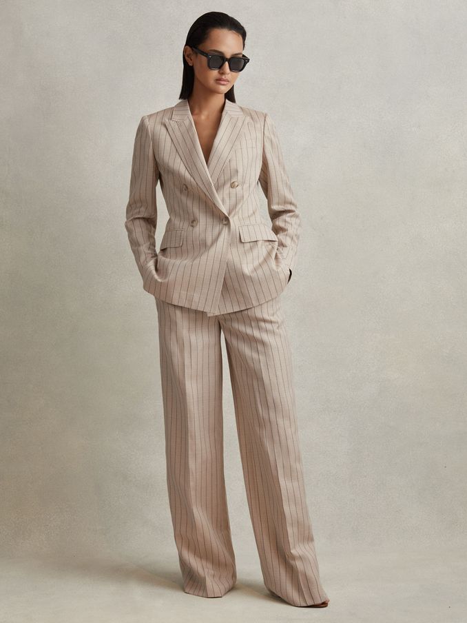Wool Blend Striped Wide Leg Trousers in Neutral (256910) | £88
