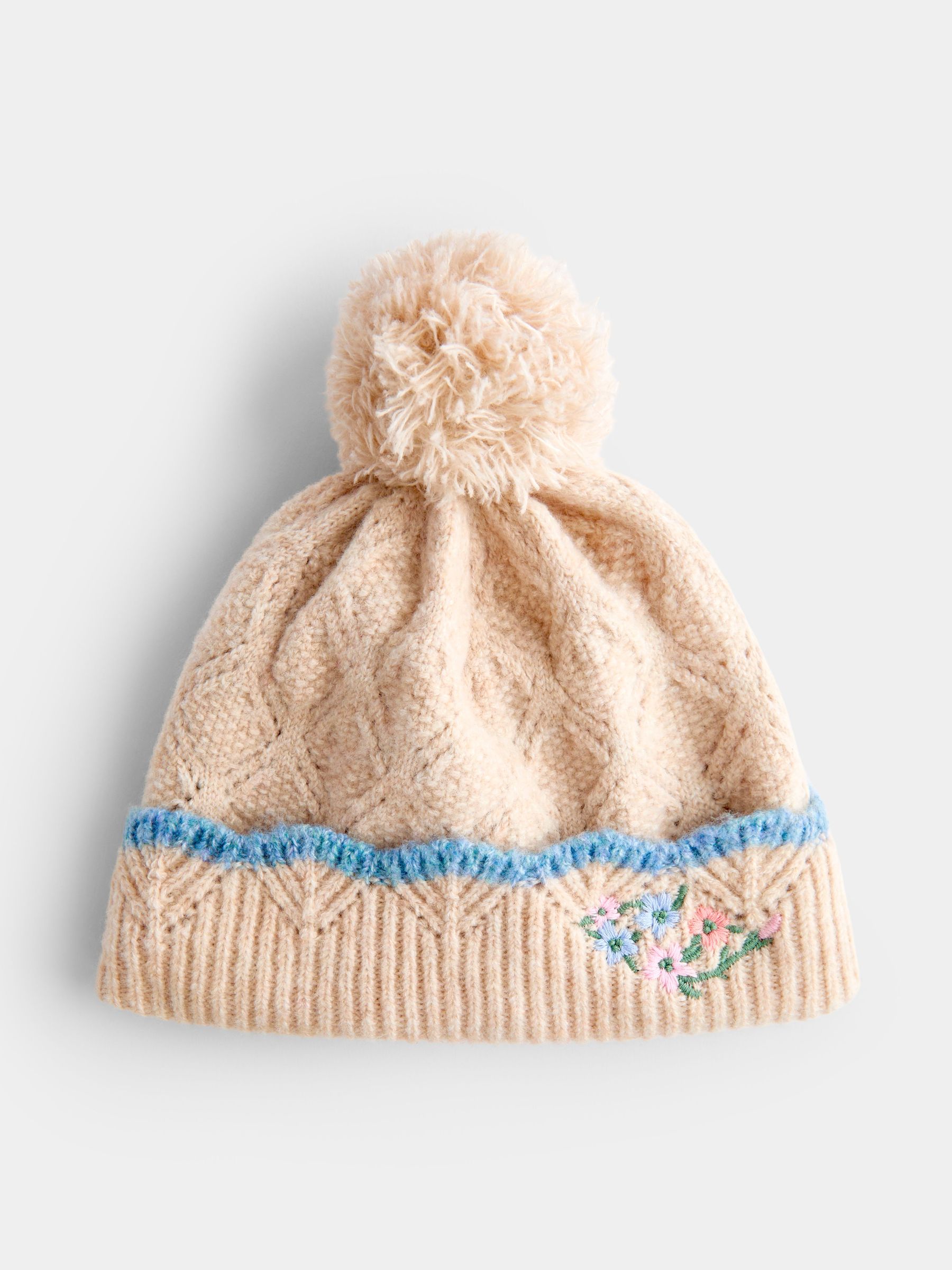 Natural - Flower Pom Pom Knitted Hat