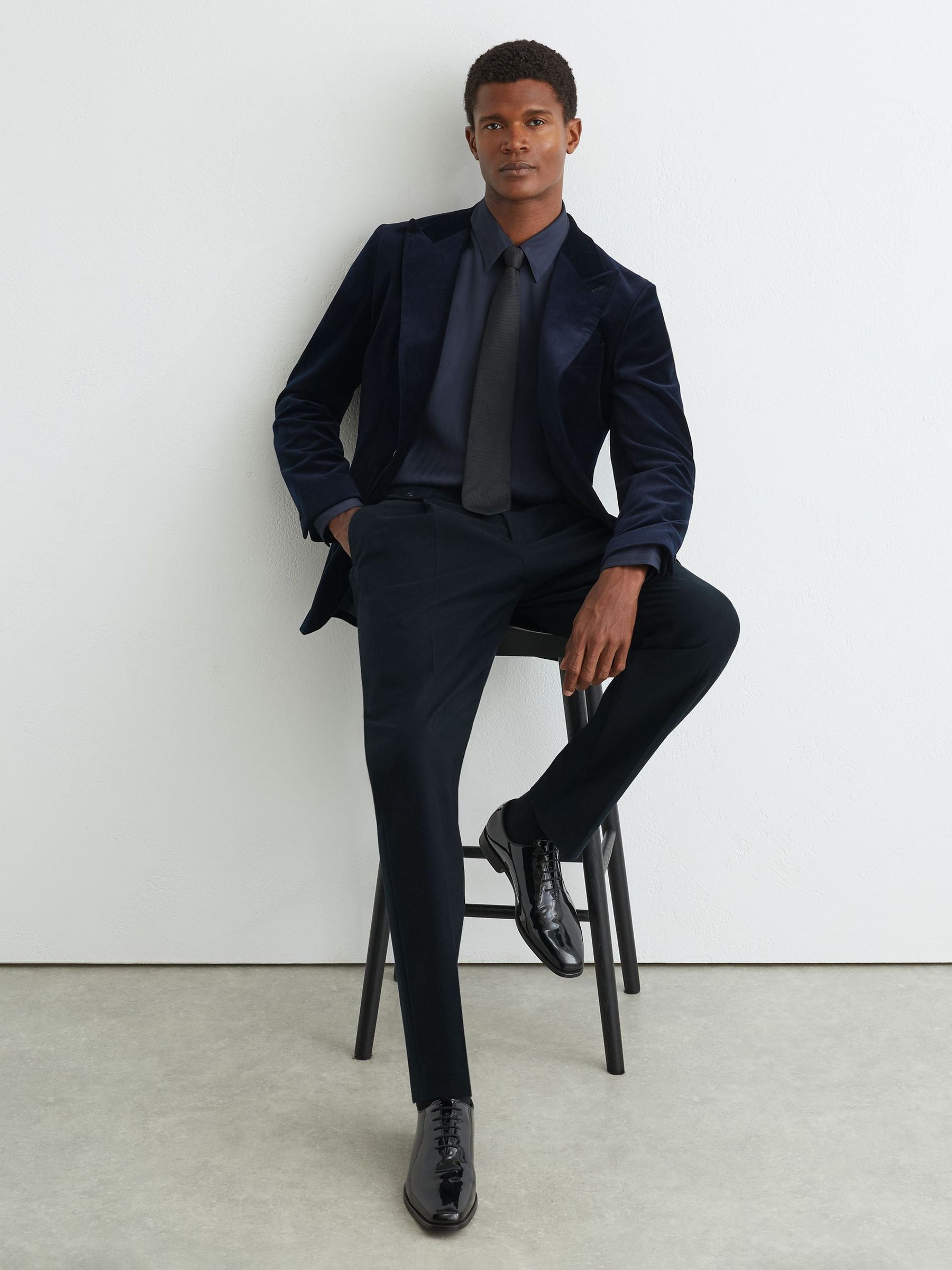 Navy - Regular Cotton-blend Moleskin Tapered Trousers