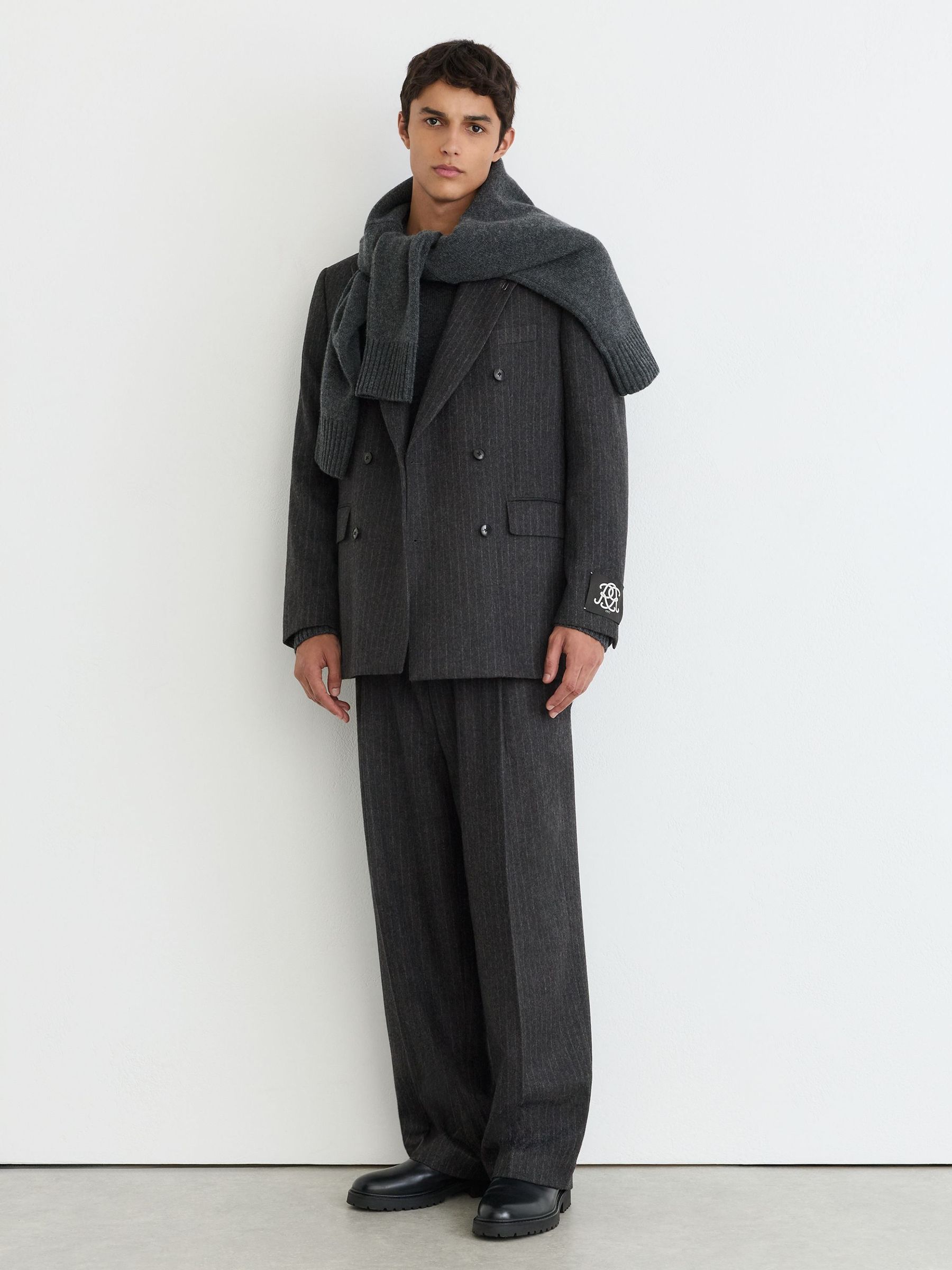 Charcoal Grey - Regular Monogram Wool-blend Chalk-stripe Suit Trousers Relaxed-fit