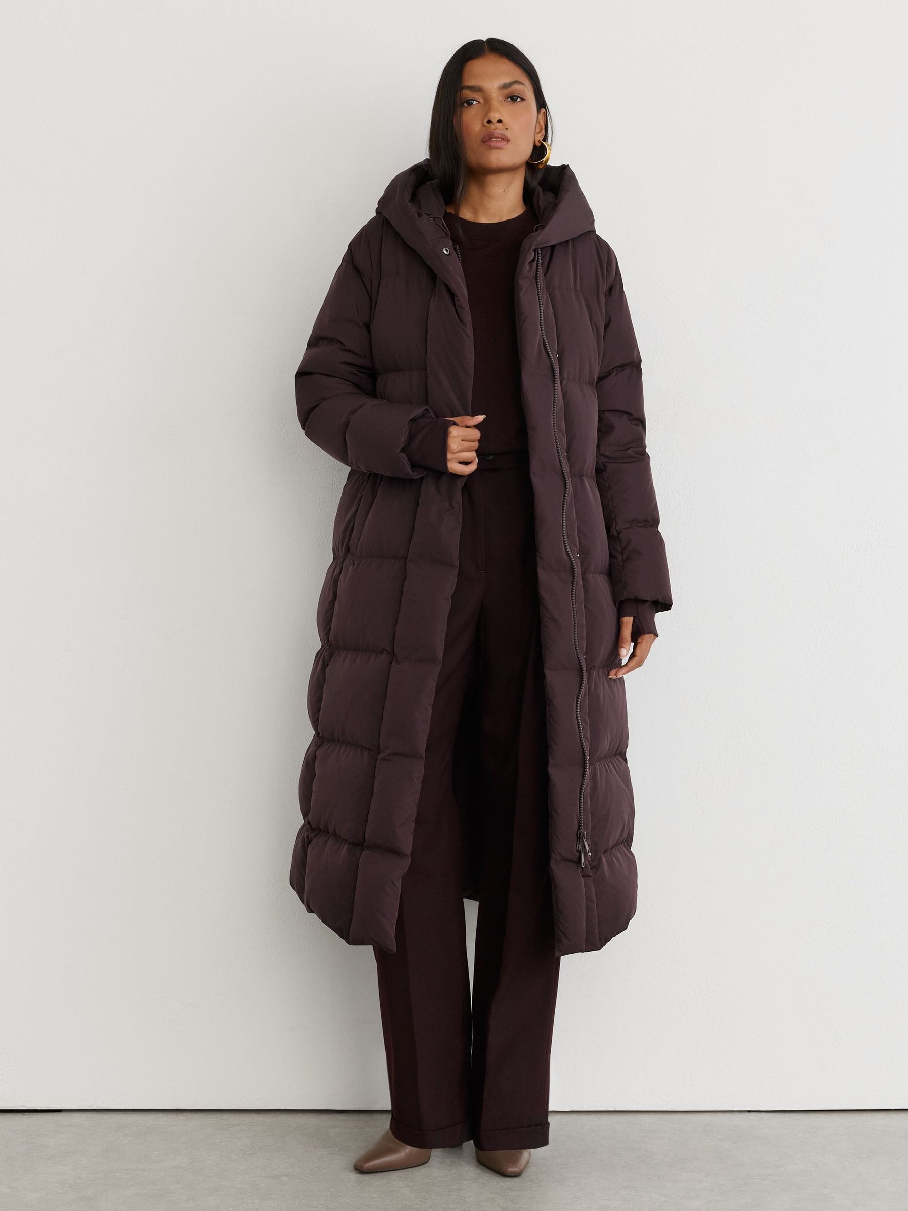 Dark Grape - Belted Longline Hooded Puffer Coat