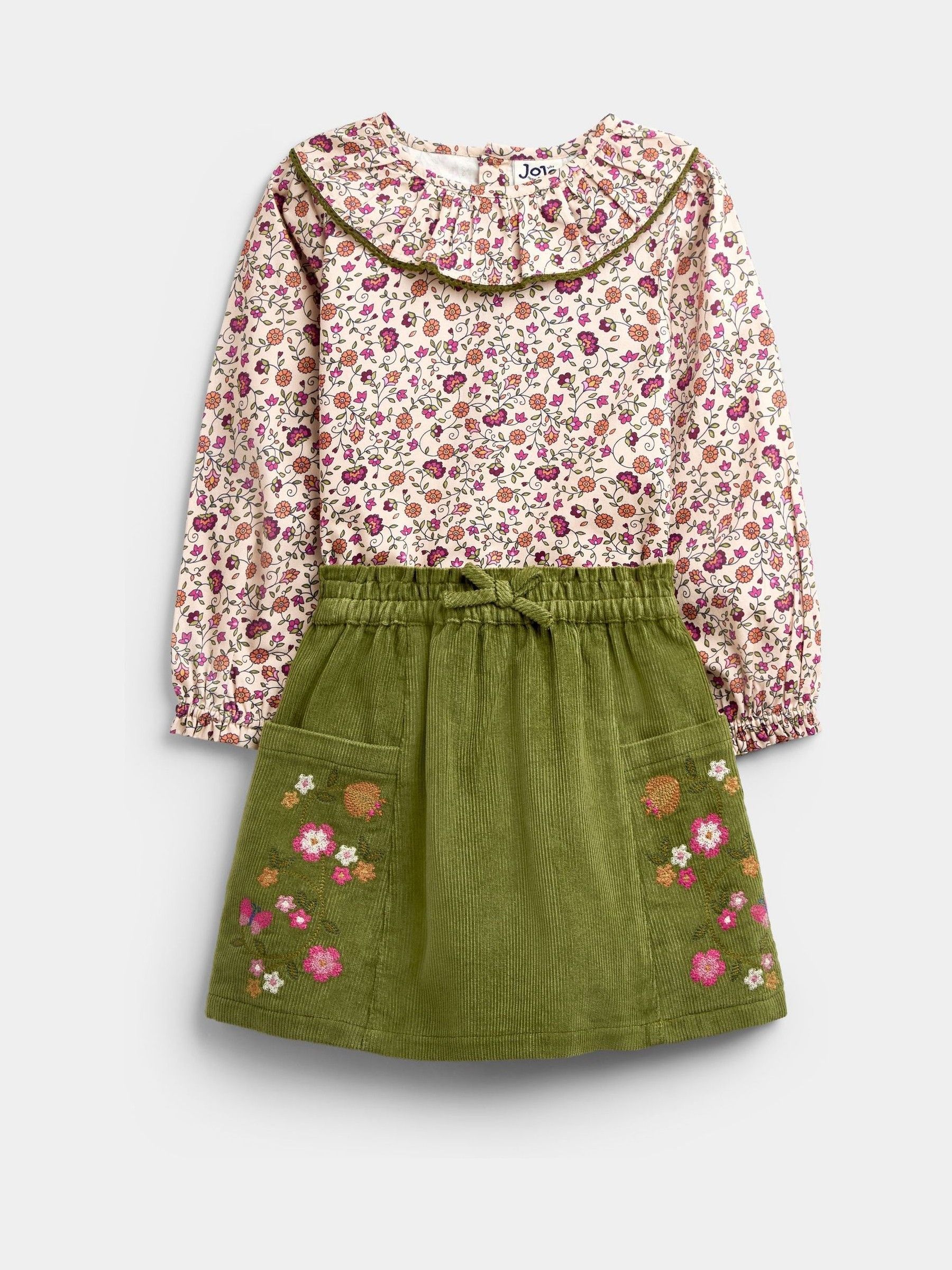 Khaki Green Floral - Printed Collar Top & Embroidered Cord Skirt