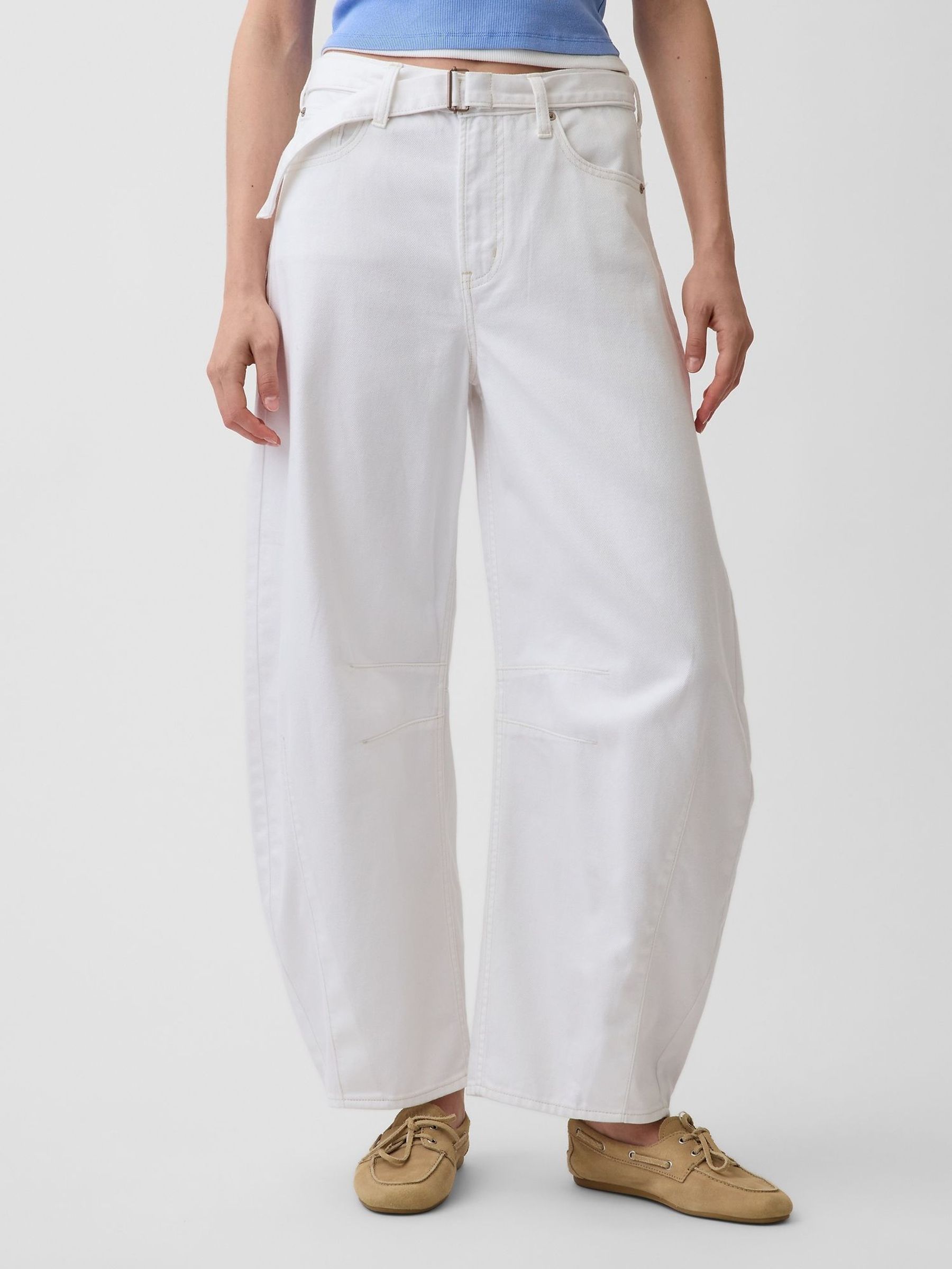 White - High Waisted Ultrasoft Belted Horseshoe Jeans