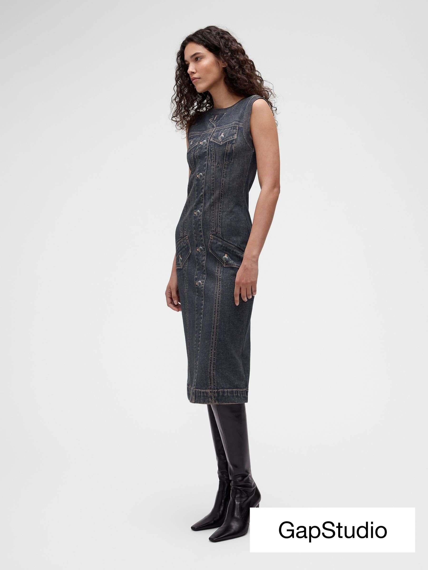 GapStudio Dark - Printed Denim Sleeveless Midi Dress