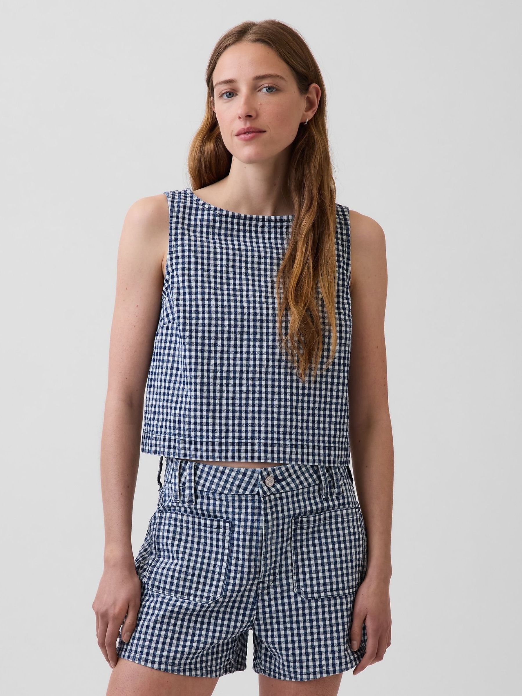 Navy - Gingham Denim Crop Shell Vest