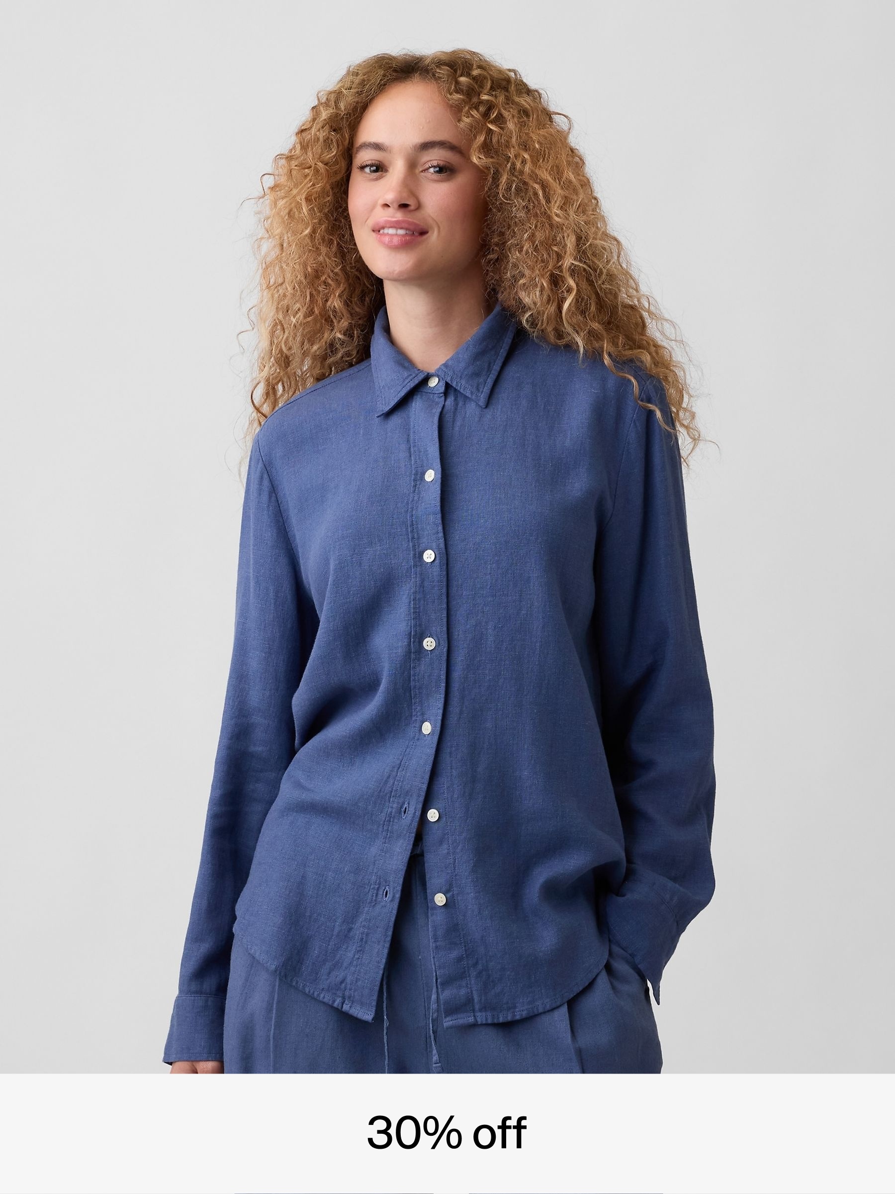 Indigo Blue - Oversized Linen-blend Easy Shirt