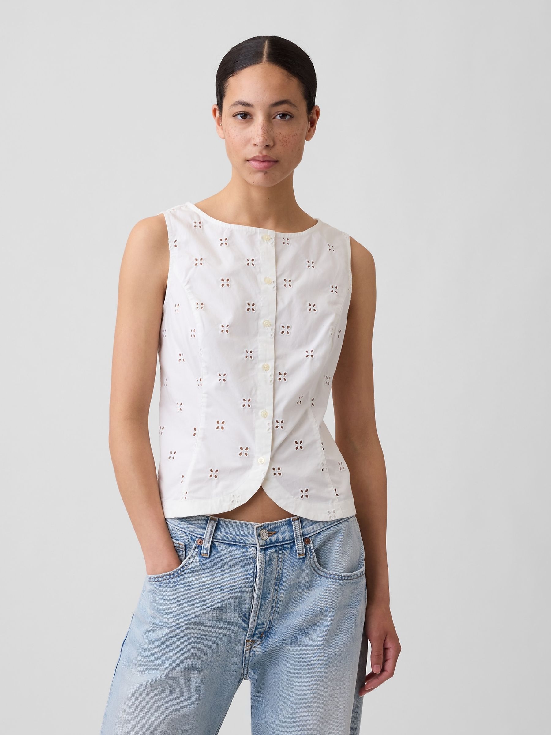 White - Boatneck Button-up Top