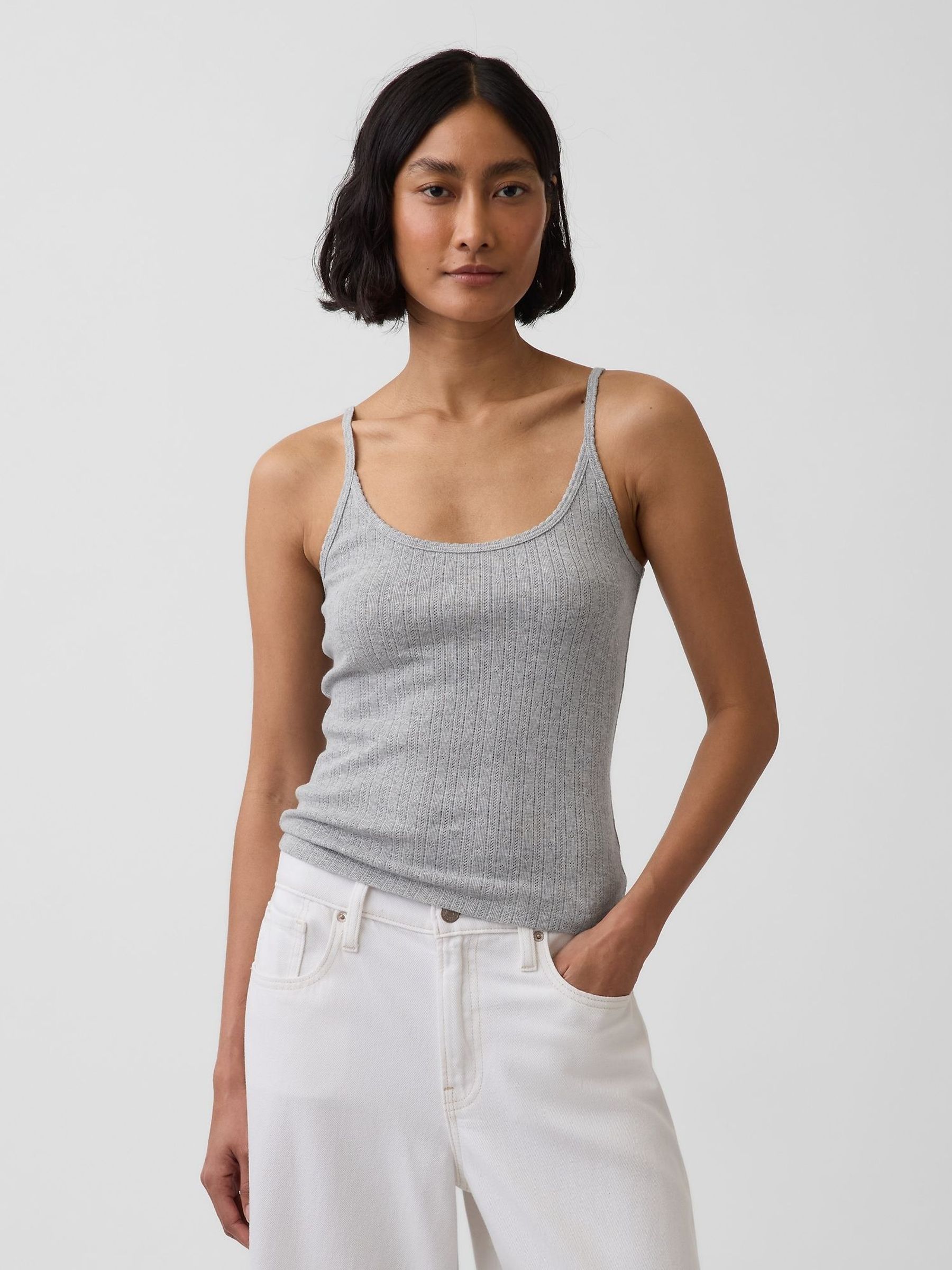Grey - Pointelle Crop Scoop Neck Cami