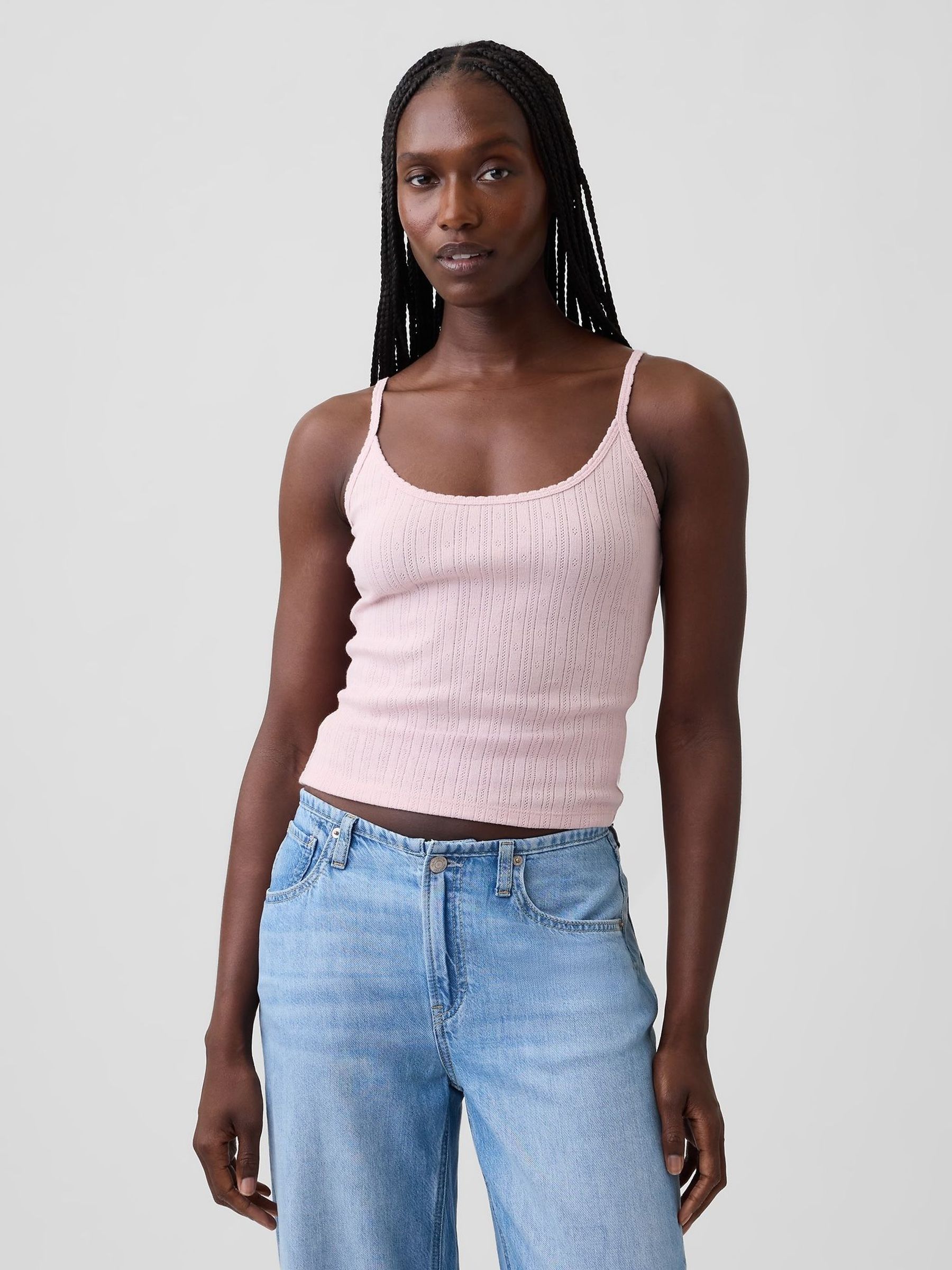 Pink - Pointelle Crop Scoop Neck Cami
