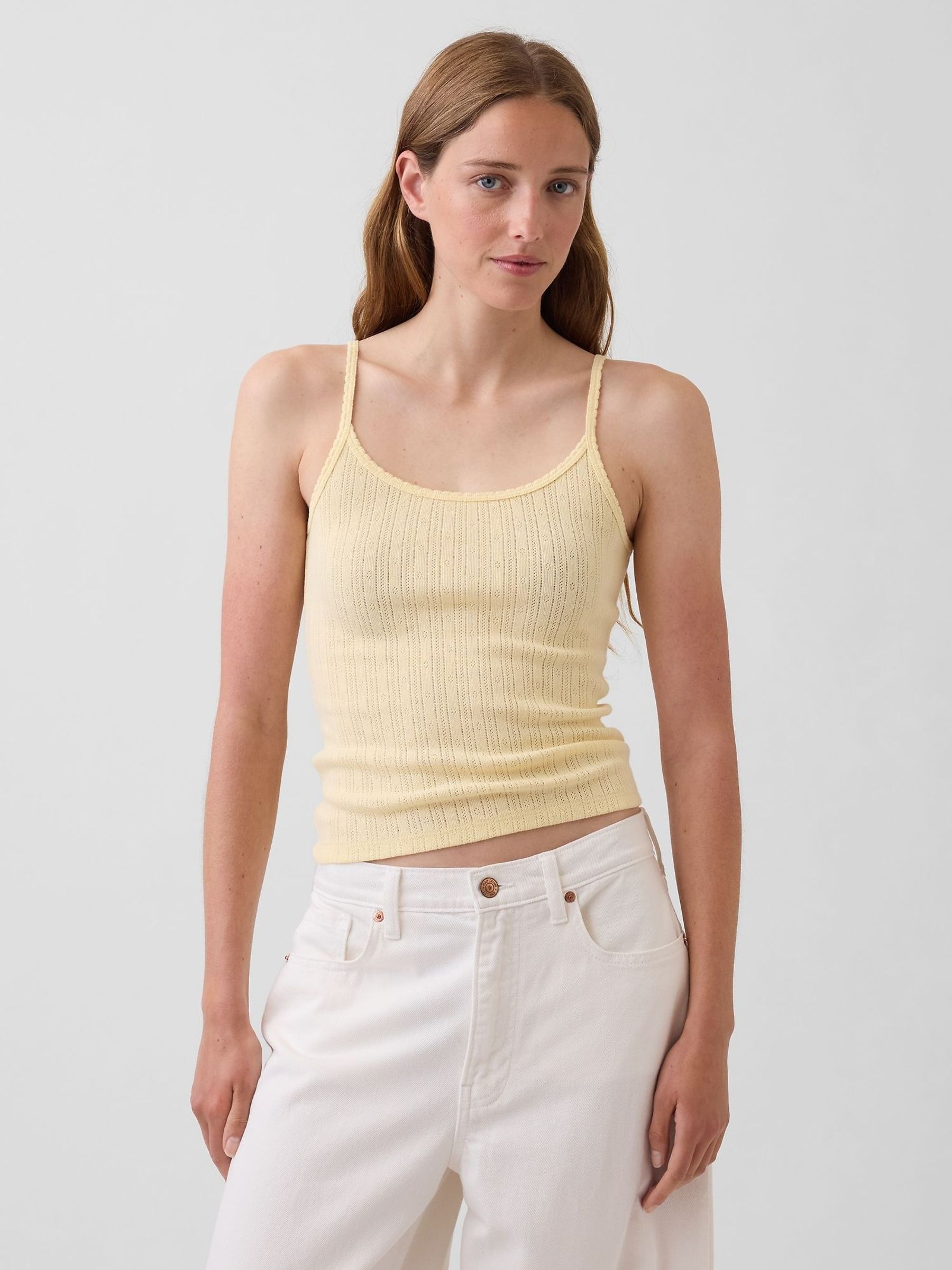 Yellow - Pointelle Crop Scoop Neck Cami