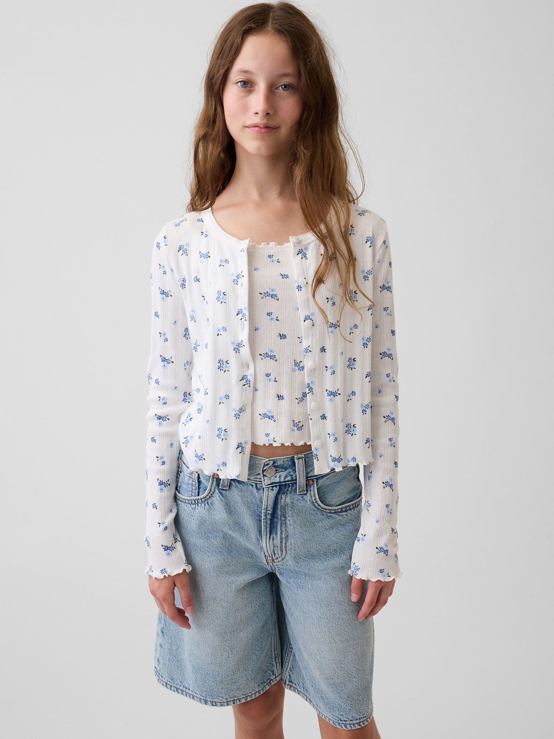 Blue Floral - Pointelle Rib Cardigan