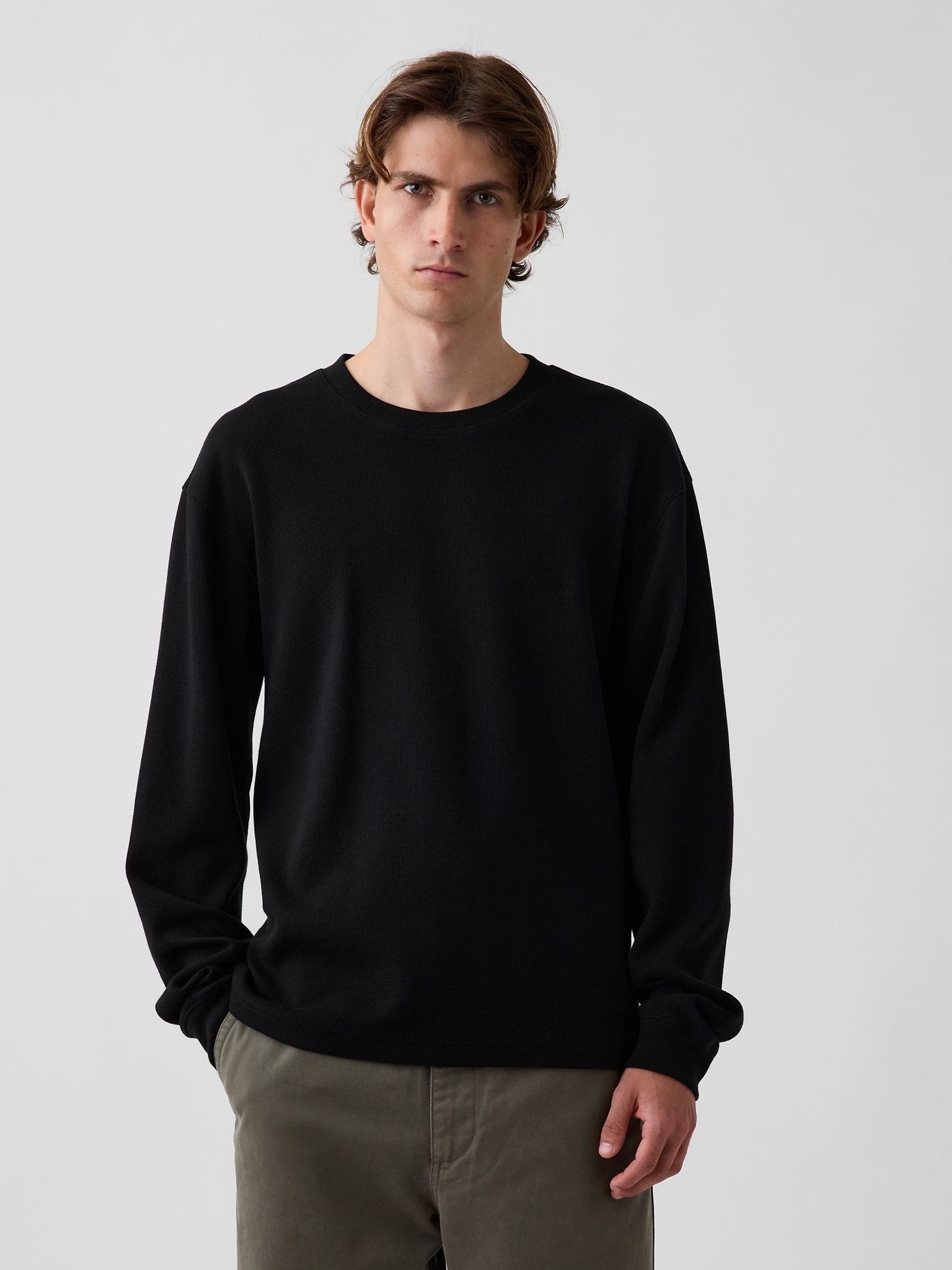 Black - Regular Relaxed Waffle Long Sleeve T-shirt