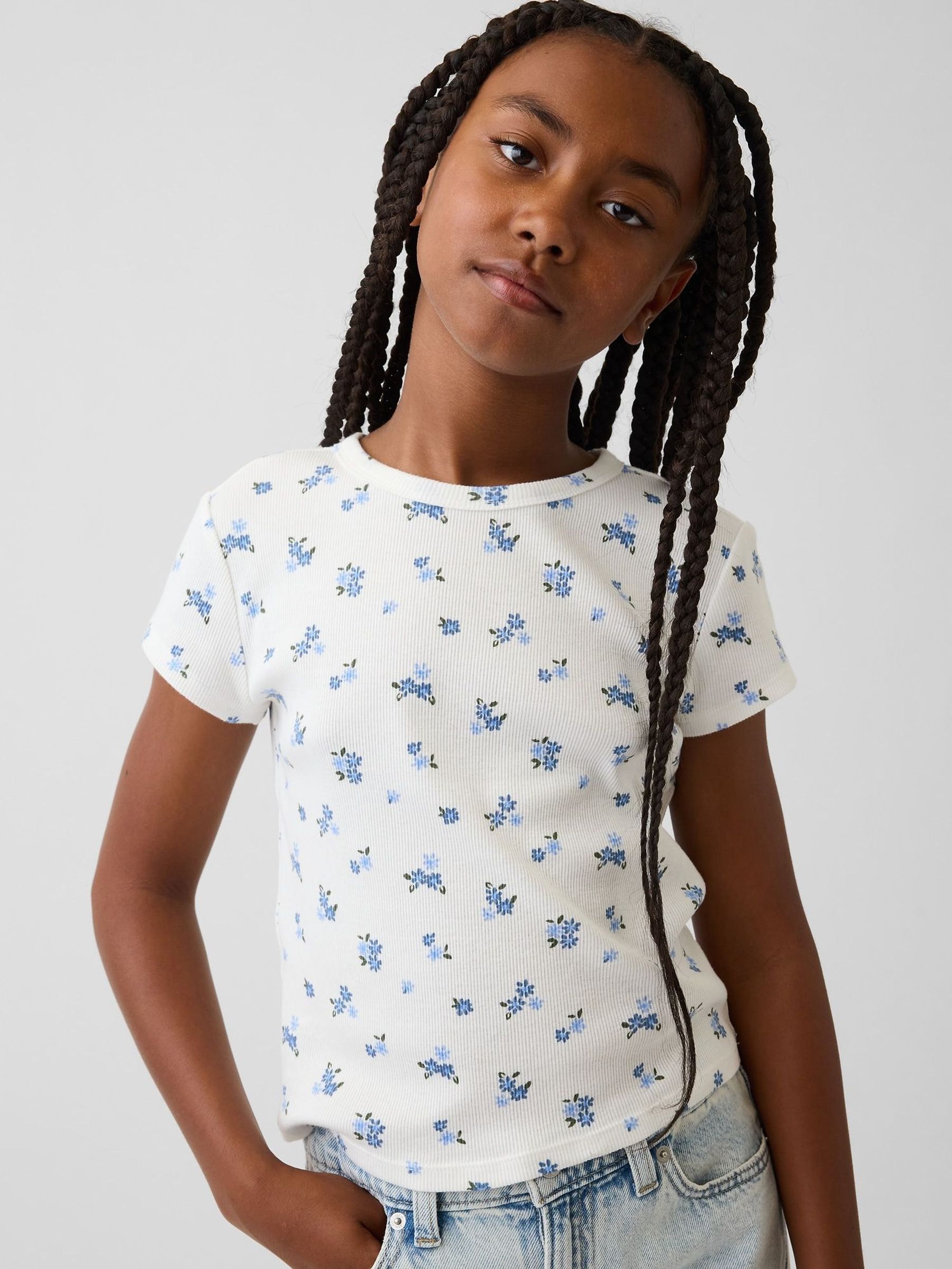 White/Blue Floral - Rib Short Sleeve T-shirt