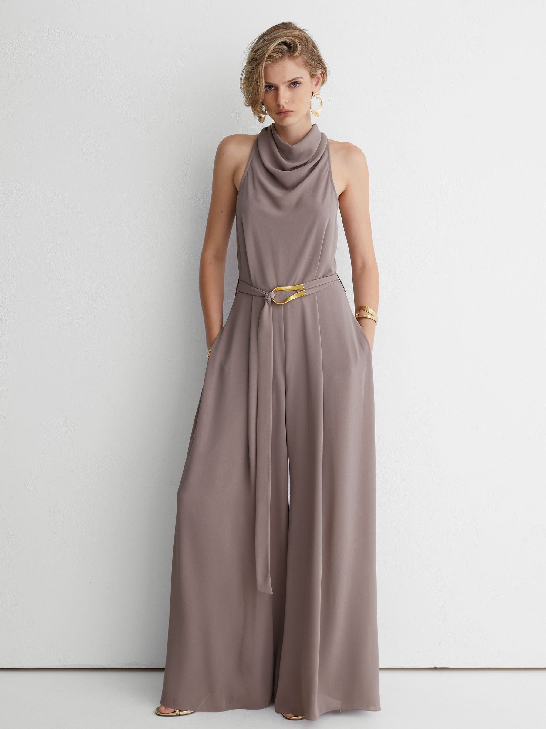 Taupe - Atelier Cowl-neck Belted Wide-leg Jumpsuit