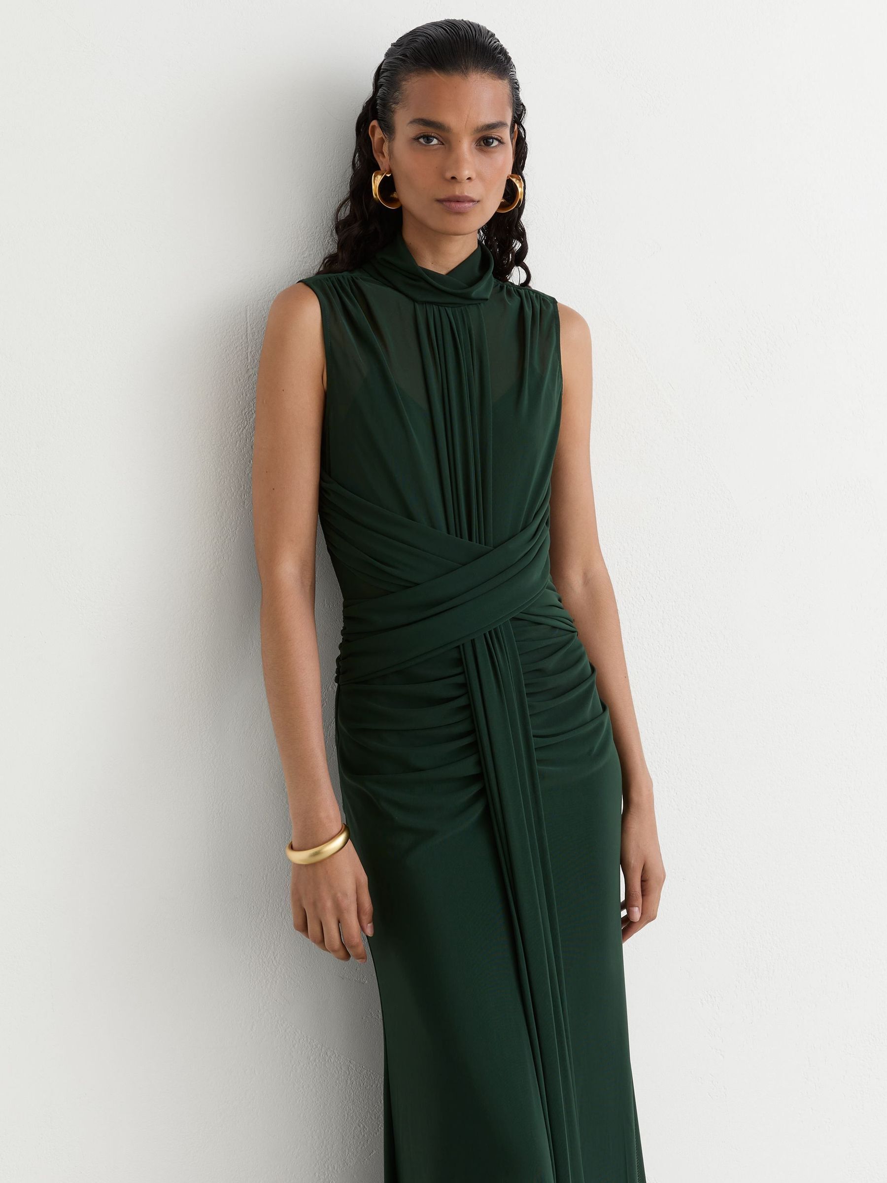 Green - Sheer Ruched Sleeveless Maxi Dress