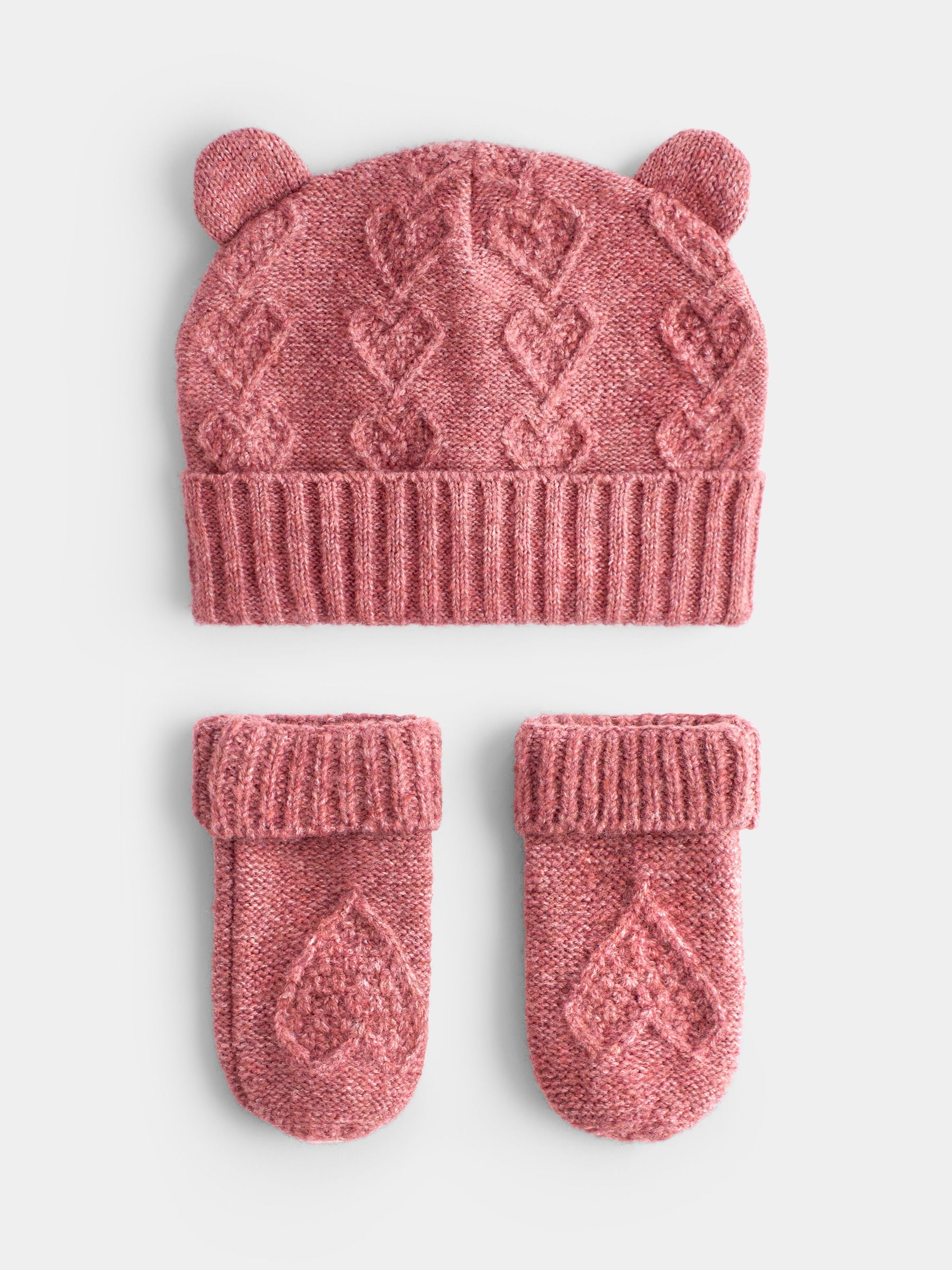 Pink - Bear Knitted Hat And Mittens Set