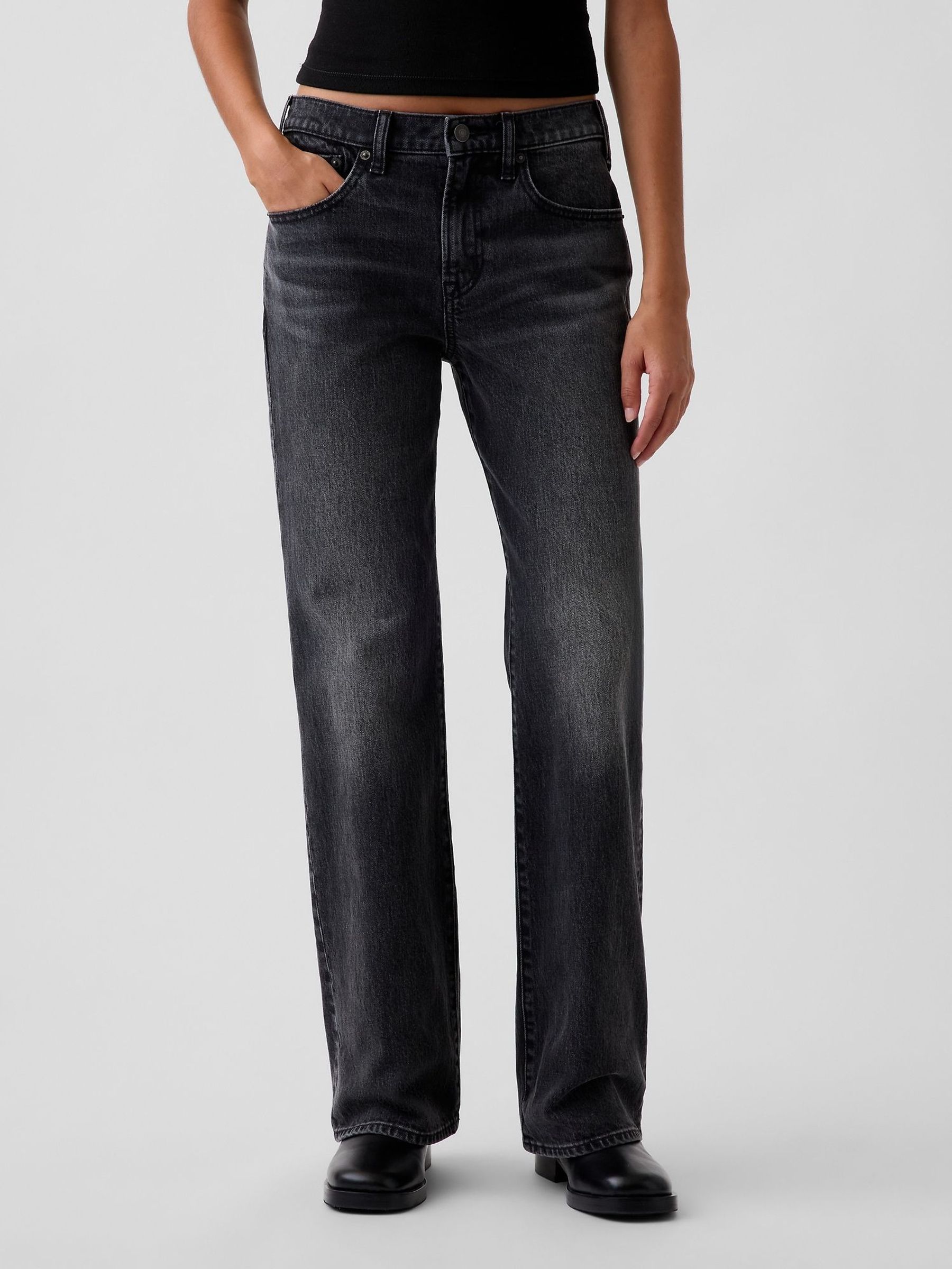 Black Wash - Mid Rise Relaxed Flare Jeans