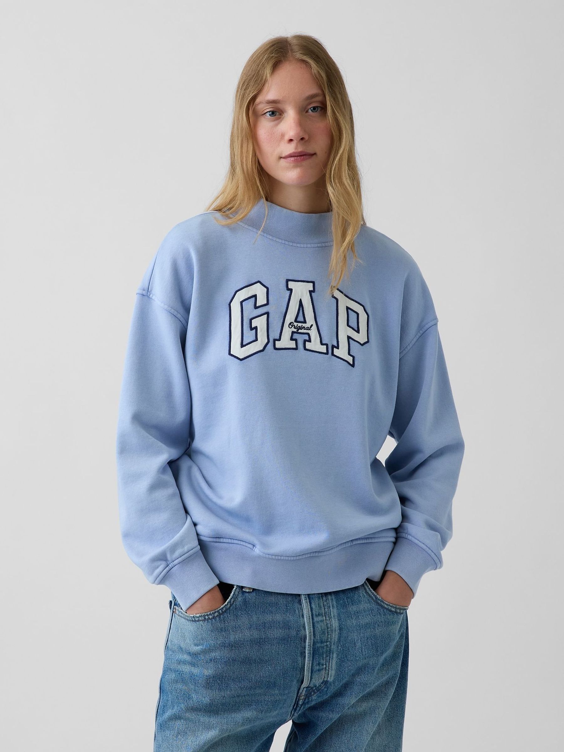 Light Blue - Vintage Soft Oversized Mock Neck Logo Sweatshirt