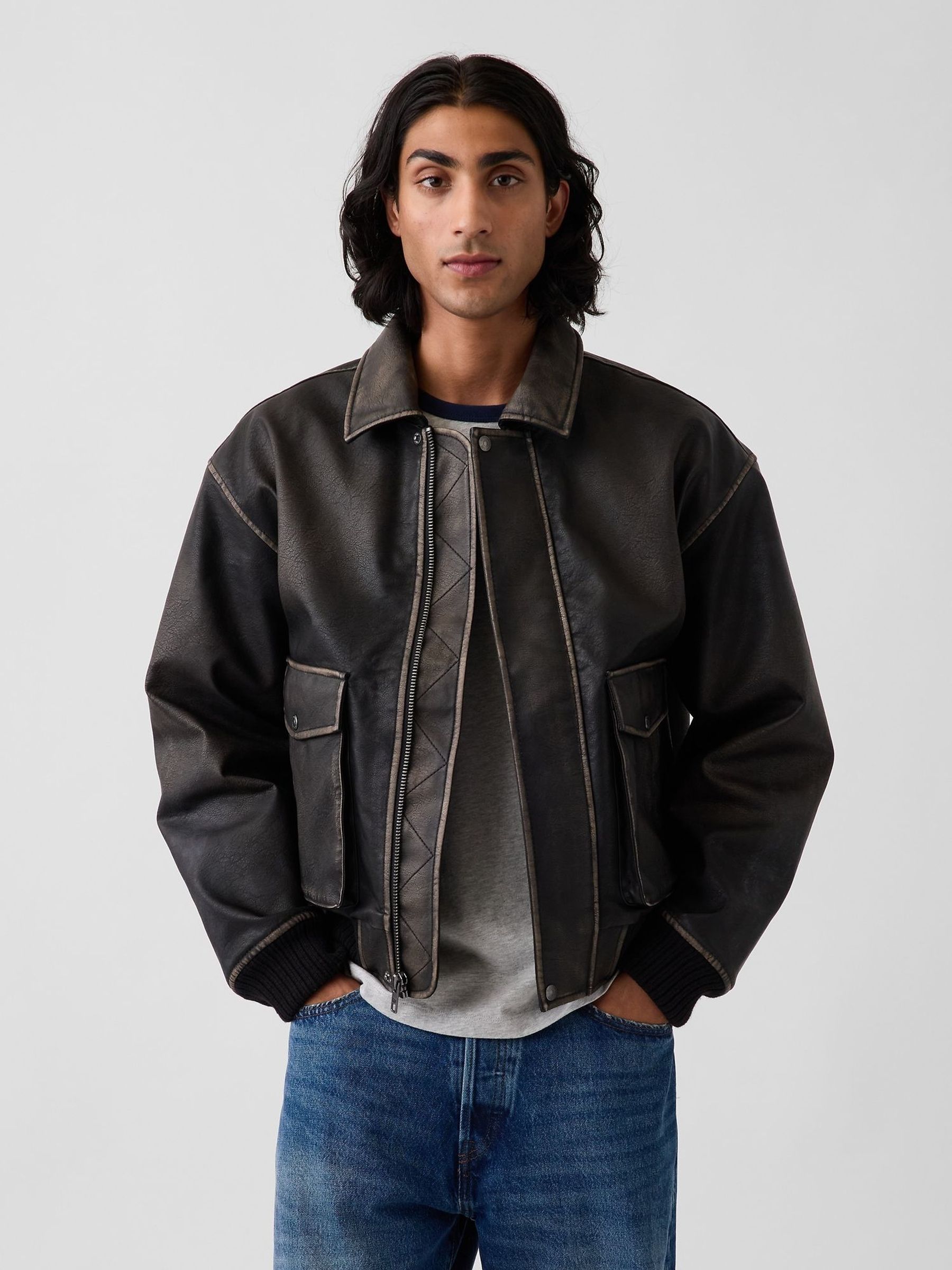 Distressed Black - Regular Faux Leather Bomber Jacket