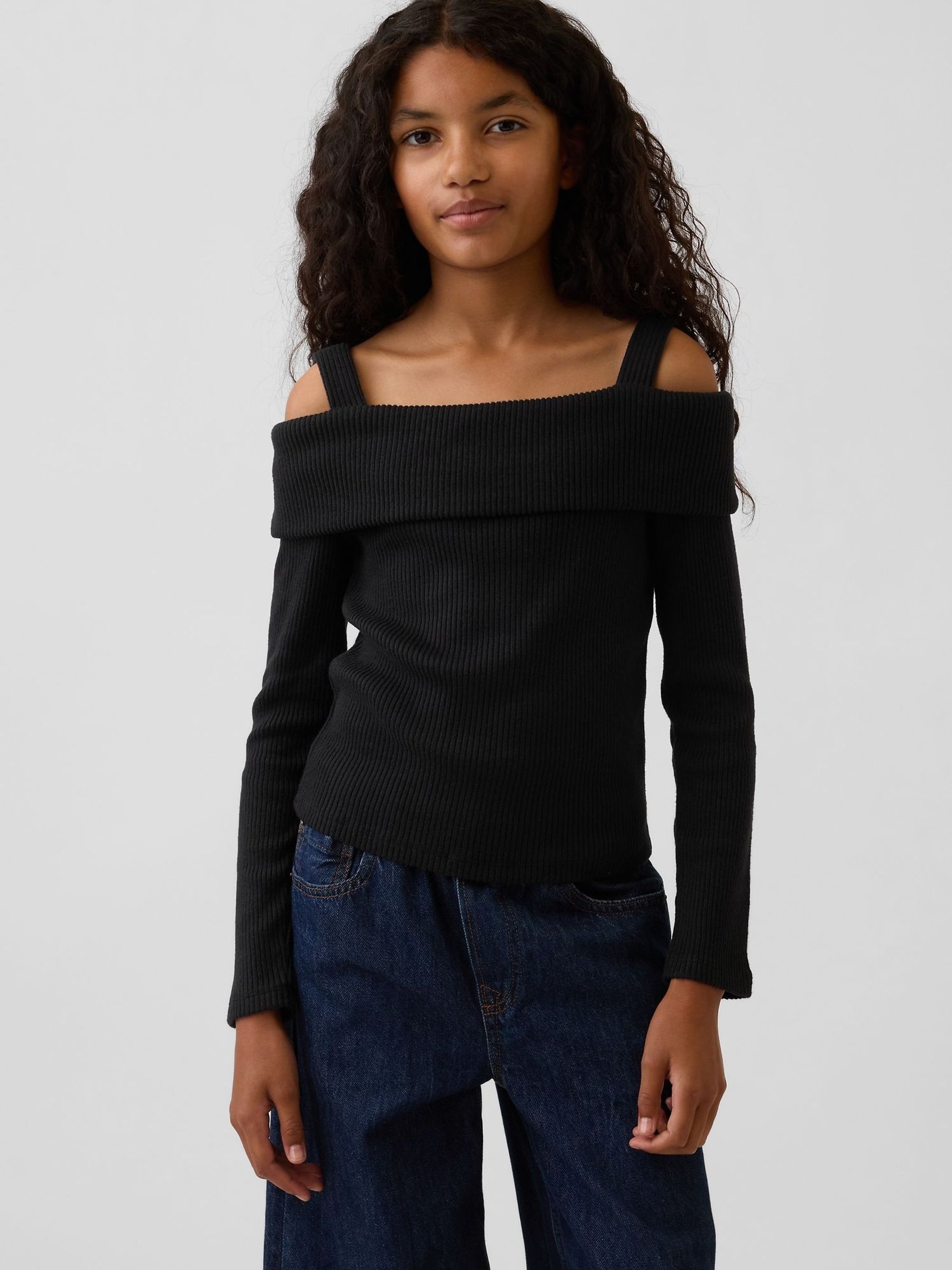 Black - Off-shoulder Rib Top