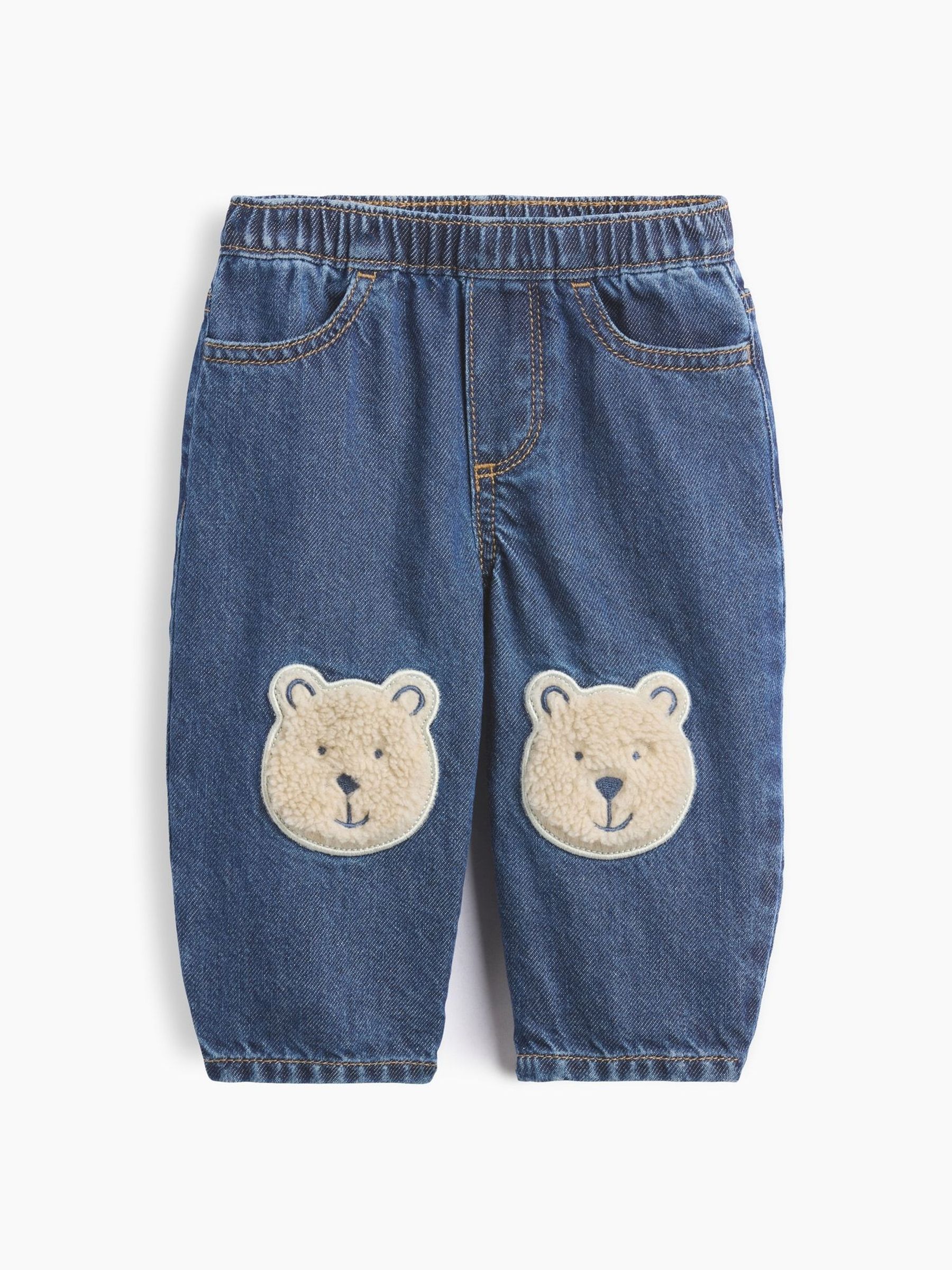 Mid Wash/ Sherpa - Brannan Bear Patch Pull-on Jeans