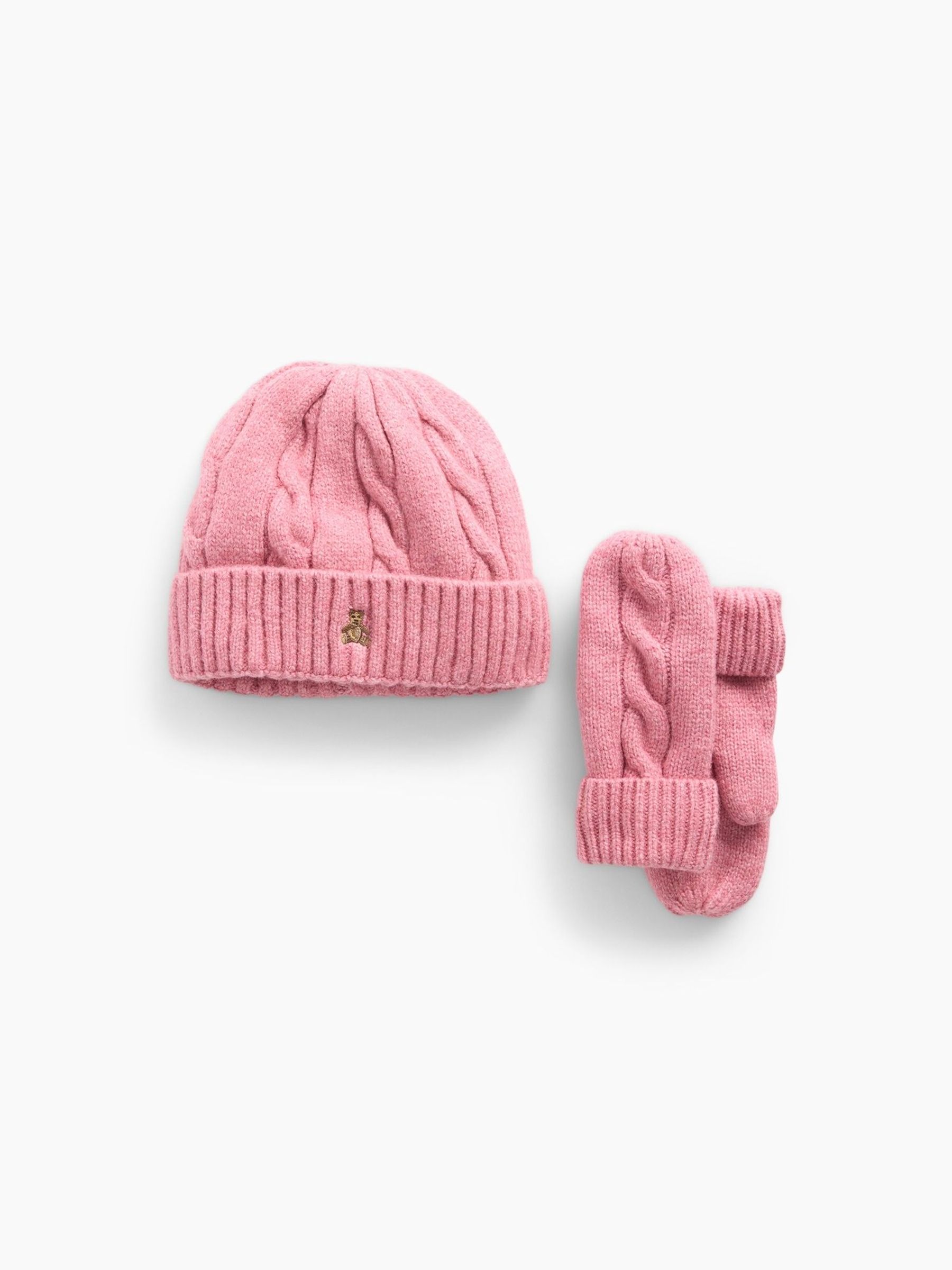 Pink - Cable-knit Beanie And Mittens Set