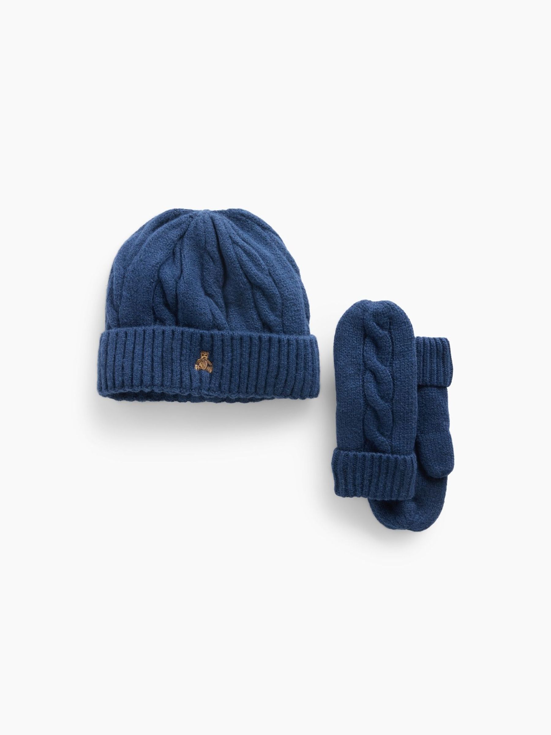 Blue - Cable-knit Beanie And Mittens Set