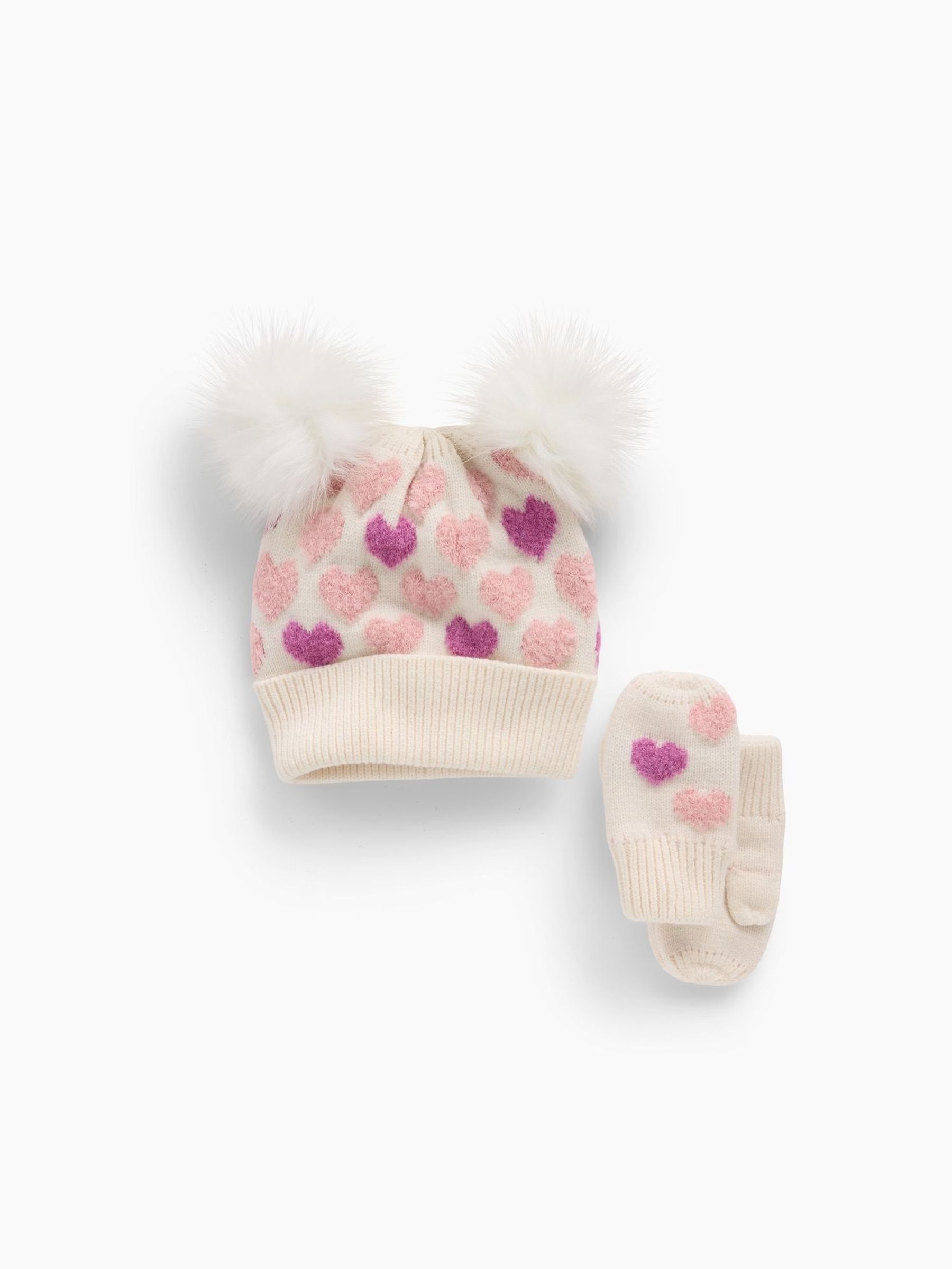 Heart Print - Pom Beanie And Mittens Set